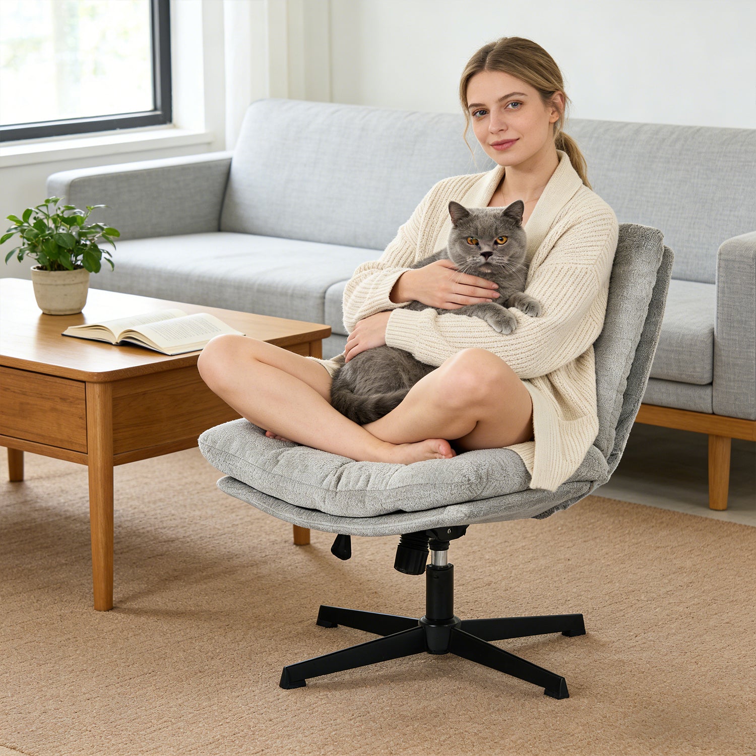 Fauteuil de relaxation réglable et pivotant avec accoudoirs et assise épaisse en chenille gris - CONFOD