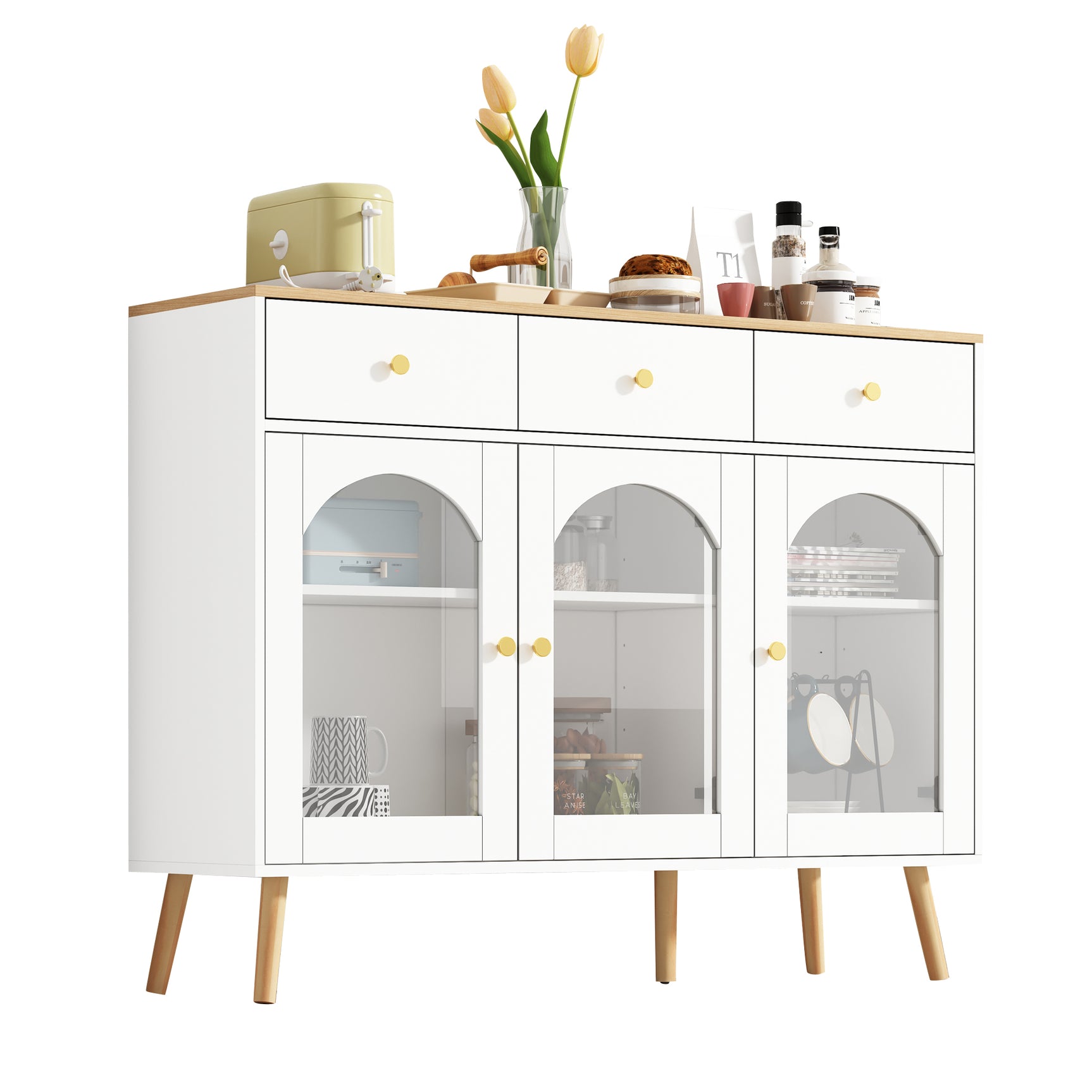 Weißes und natürliches Holzbuffet mit 3 Schubladen und 3 angepasste Tür in temperiertem Glas, großer eleganter Stauraum