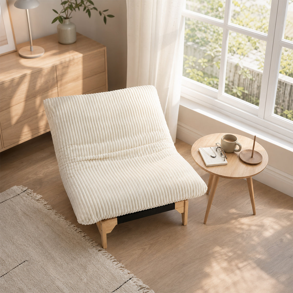 Fauteuil en velours côtelé beige sans accoudoirs
