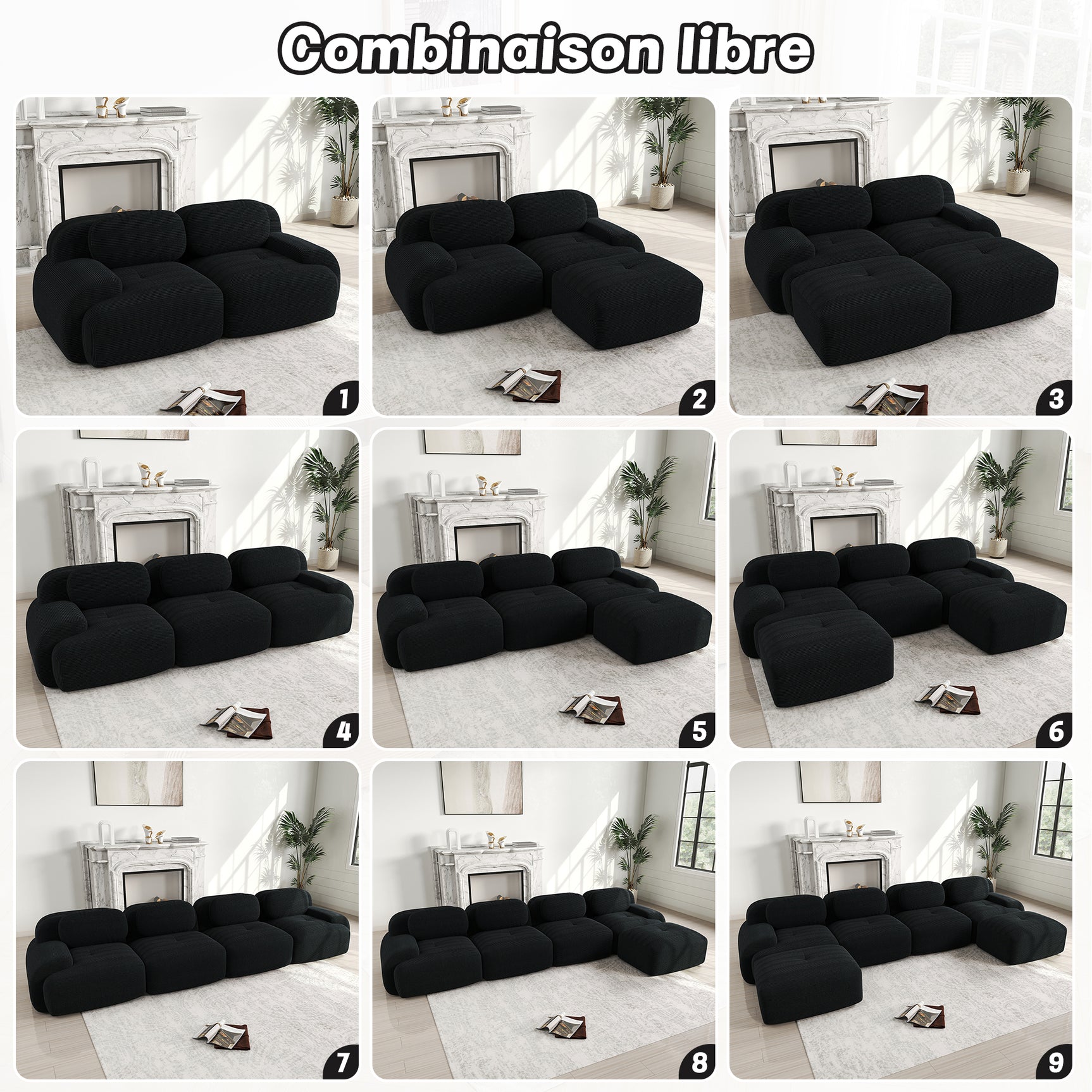 Ensemble de canapés avec accoudoirs incurvés et base antidérapante en tissu velours côtelé doux pour le salon, noir, siège 3