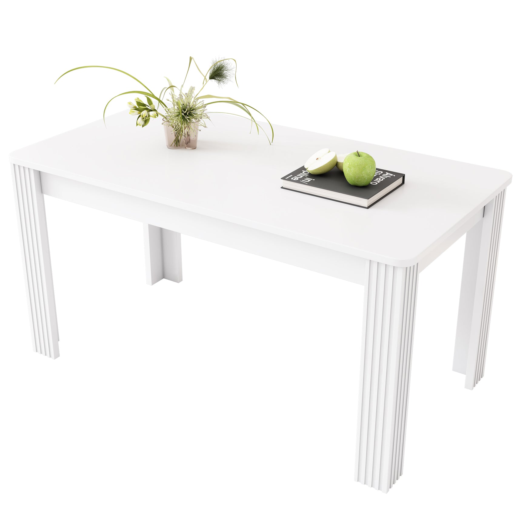 Table à manger rectangulaire blanc aspect chêne avec quatre pieds massifs