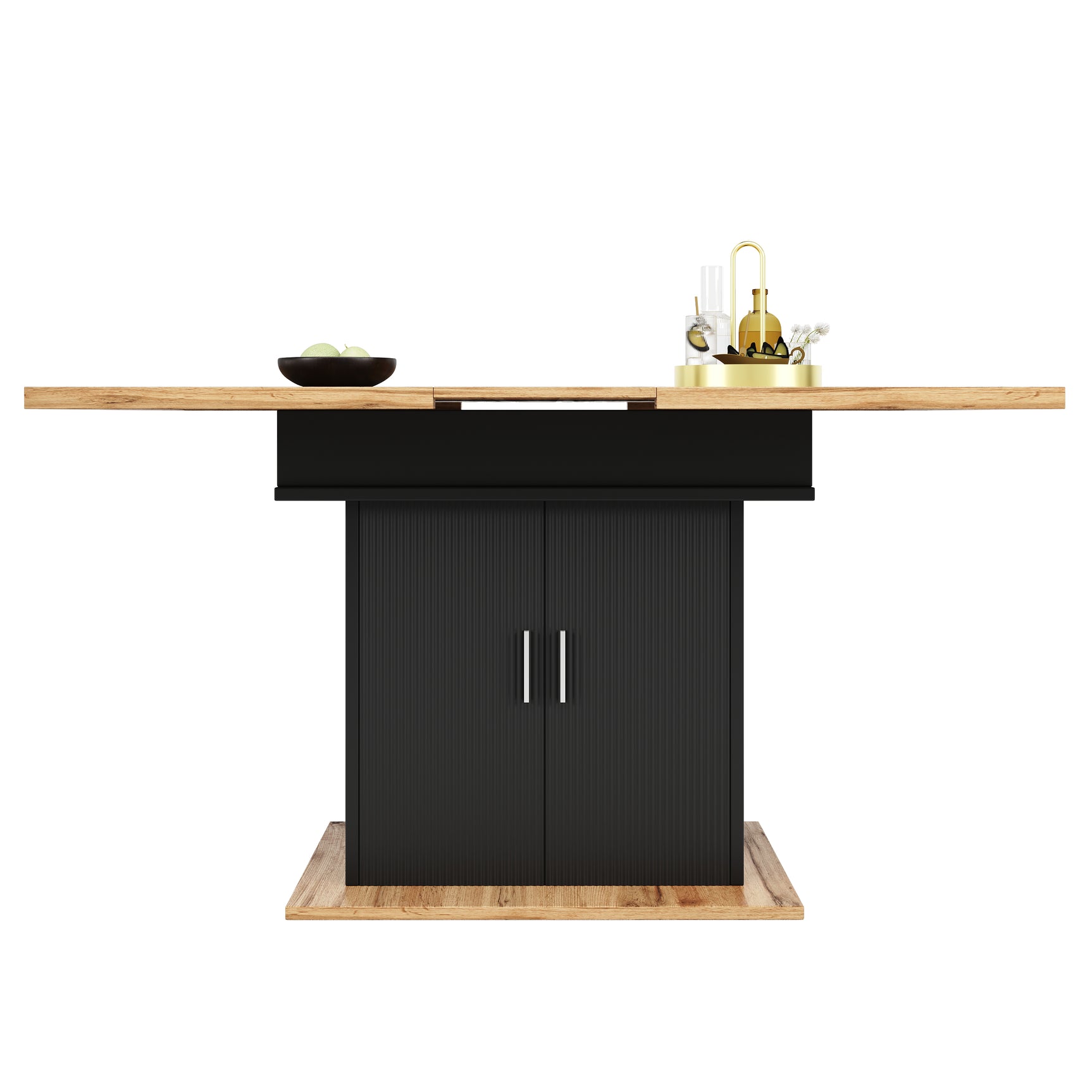 Table à manger télescopique extensible naturel-noir avec 3 niveaux de rangement