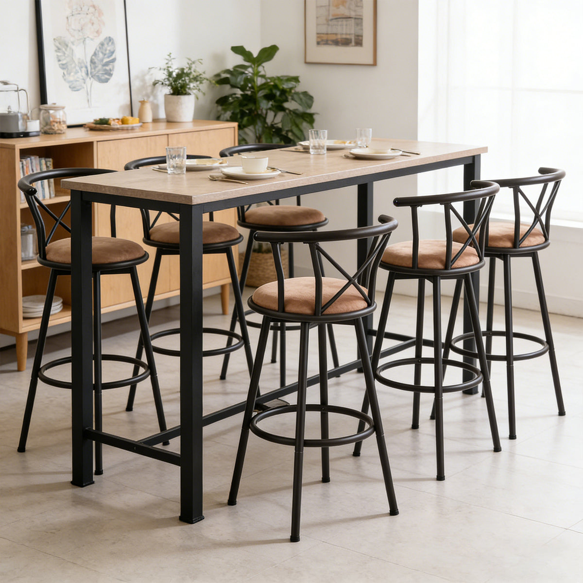 Set of 6 swivel industrial bar stools with brown fabric backrest - Hailey 29