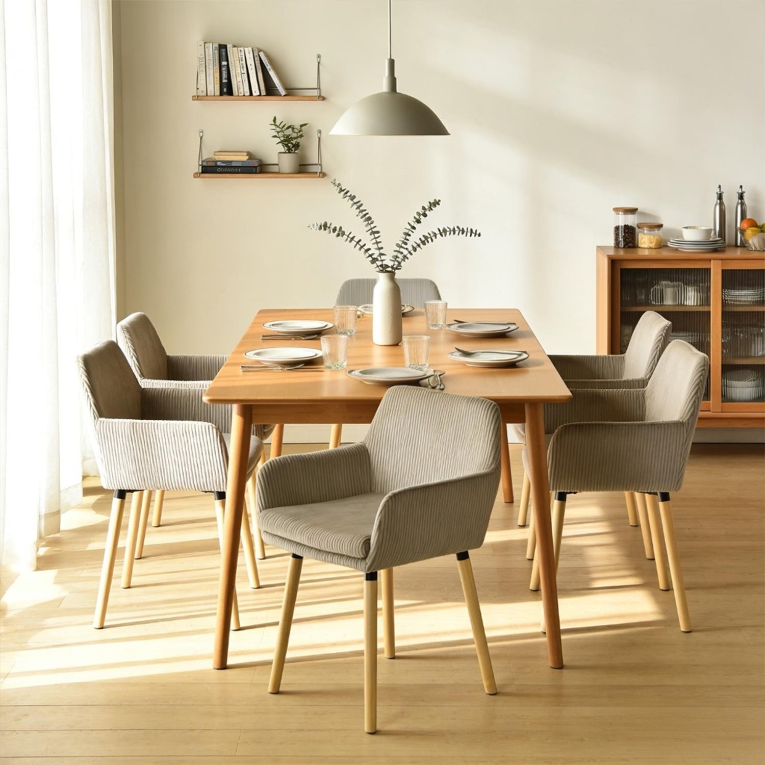 Lot de 6 chaises de salle à manger de style scandinave avec pieds en bois et accoudoirs en velours côtelé gris - ELIA