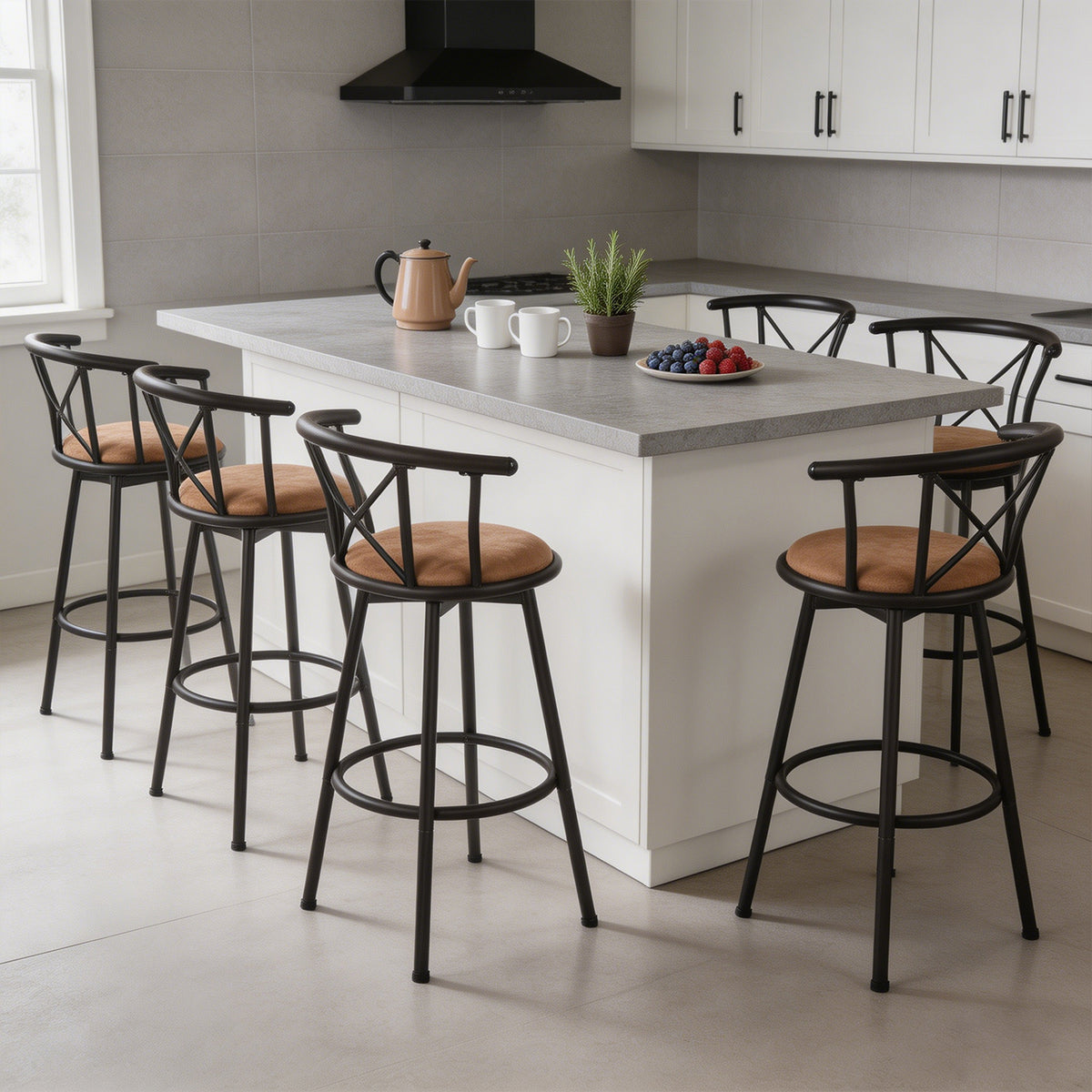 Set of 6 swivel industrial bar stools with brown fabric backrest - Hailey 29