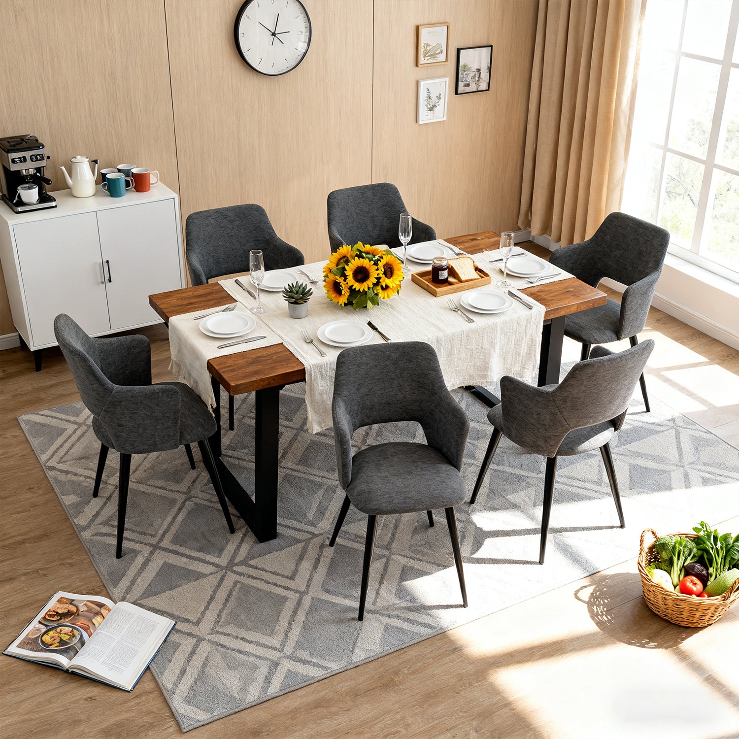 Lot de 6 fauteuils de salle à manger scandinaves avec accoudoirs en tissu gris - AKANJI