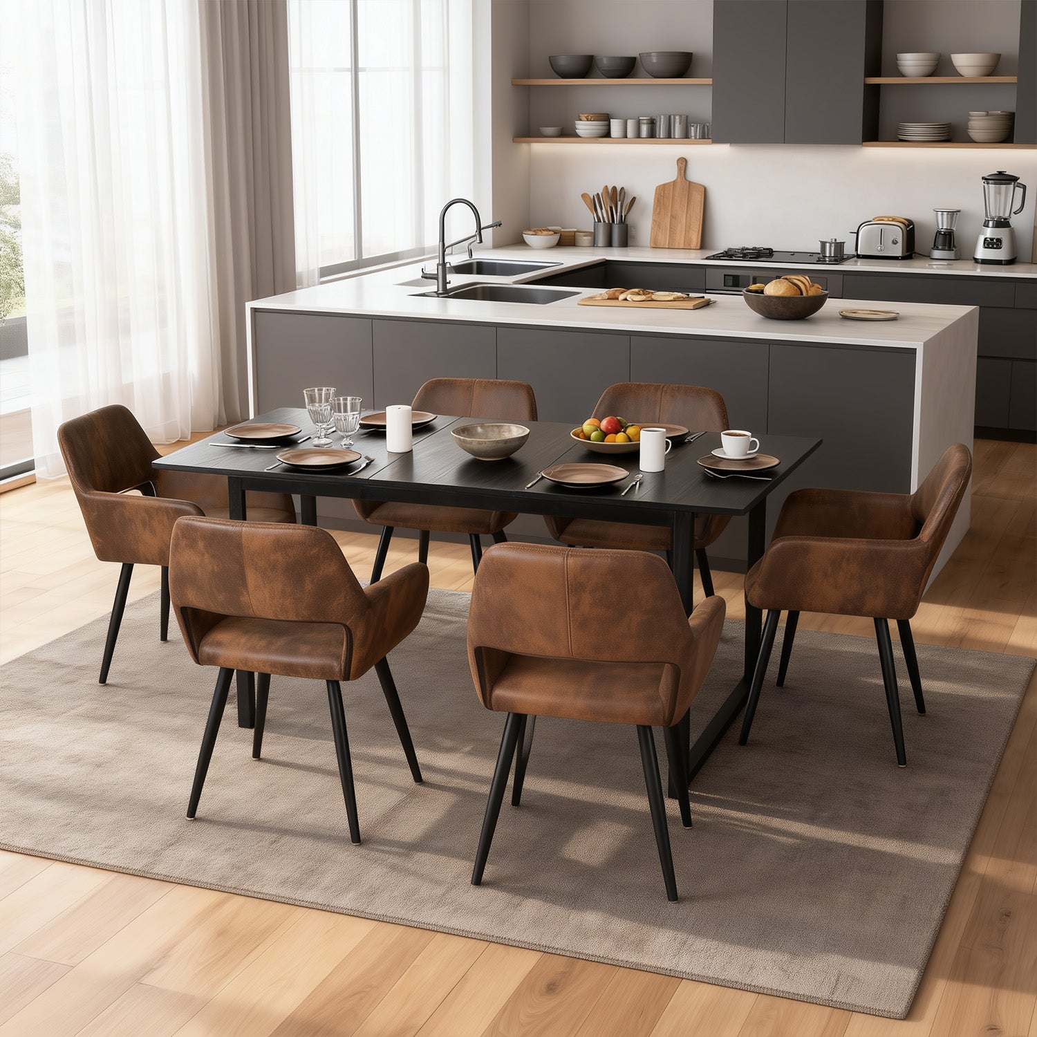 Ensemble table à manger extensible noire avec 6 fauteuils en suédine, style scandinave