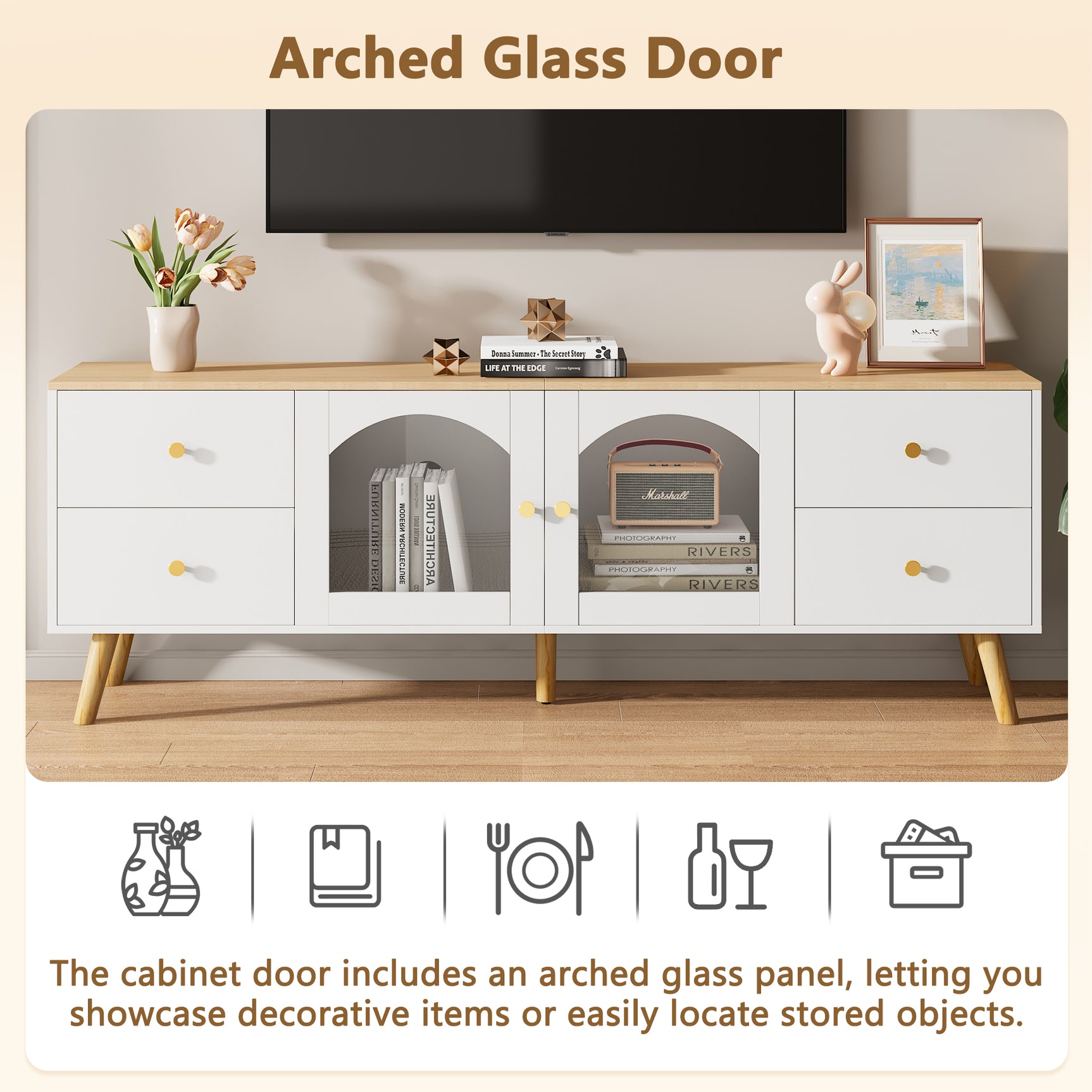 TV cabinet with 4 drawers and 2 glass doors in tempered glass, modern white design and natural wood