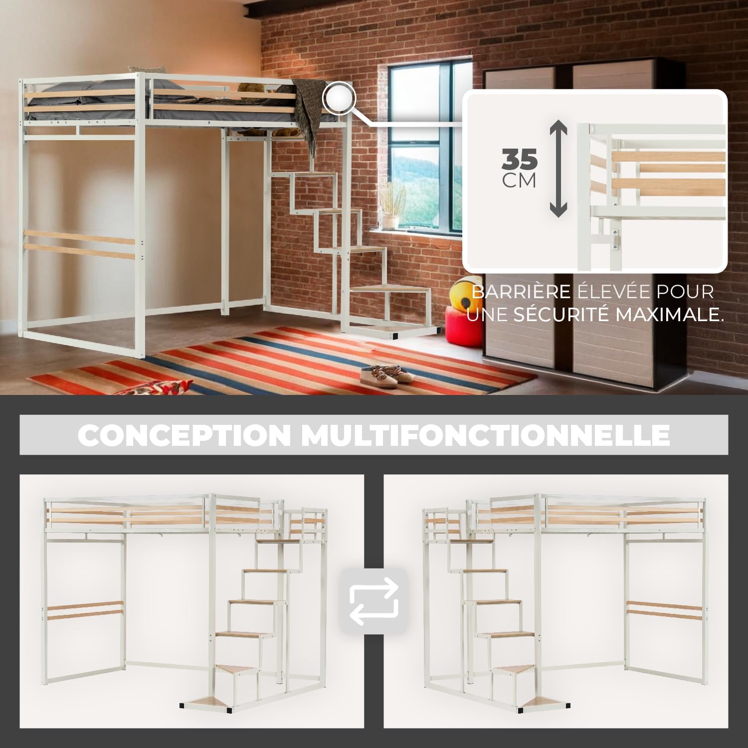 2 -seater mezzanine bed (140x200) with slatted box spring with industrial white and wood style (mattress not included) - up