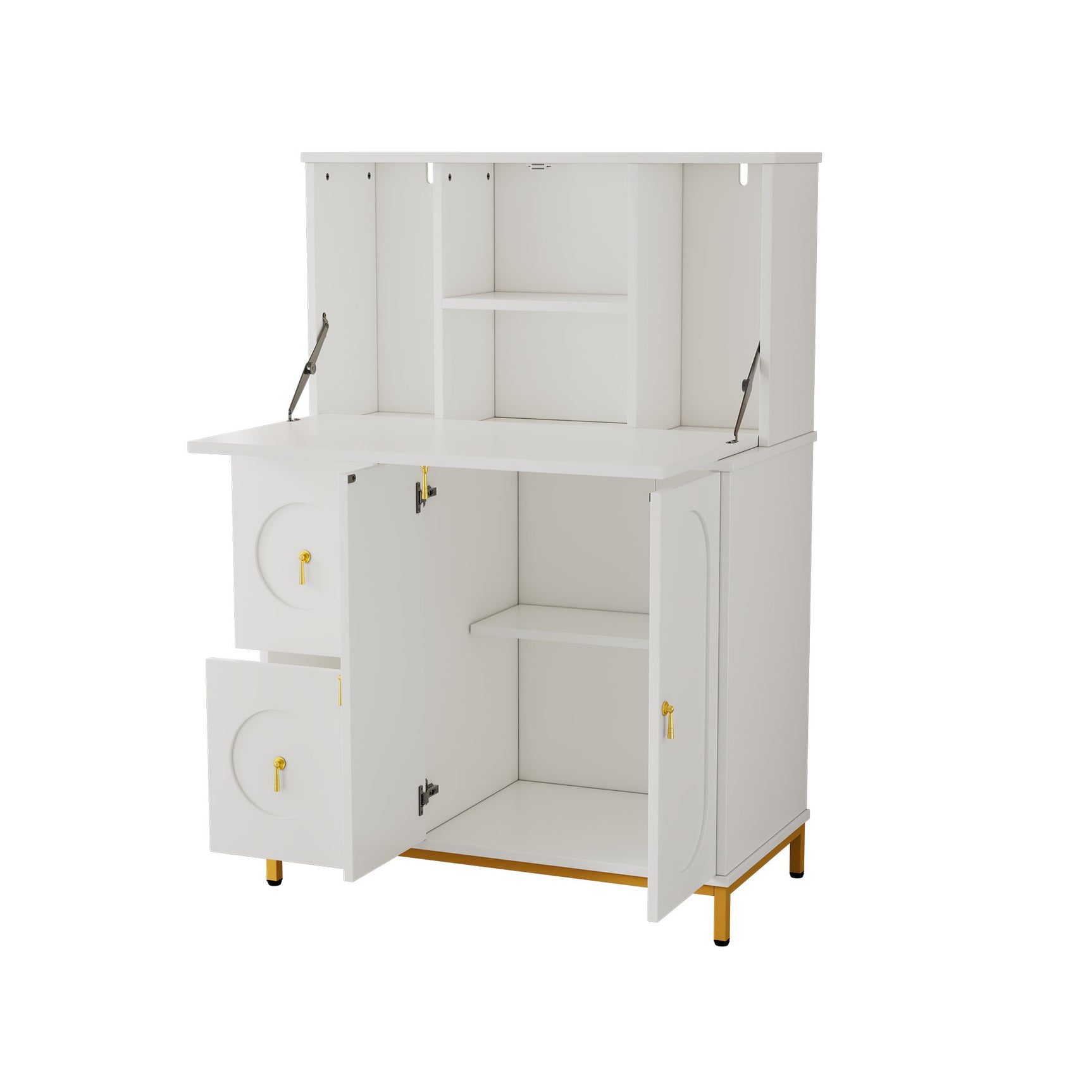 Multifunctional secretary with folding worktop and large storage spaces in white