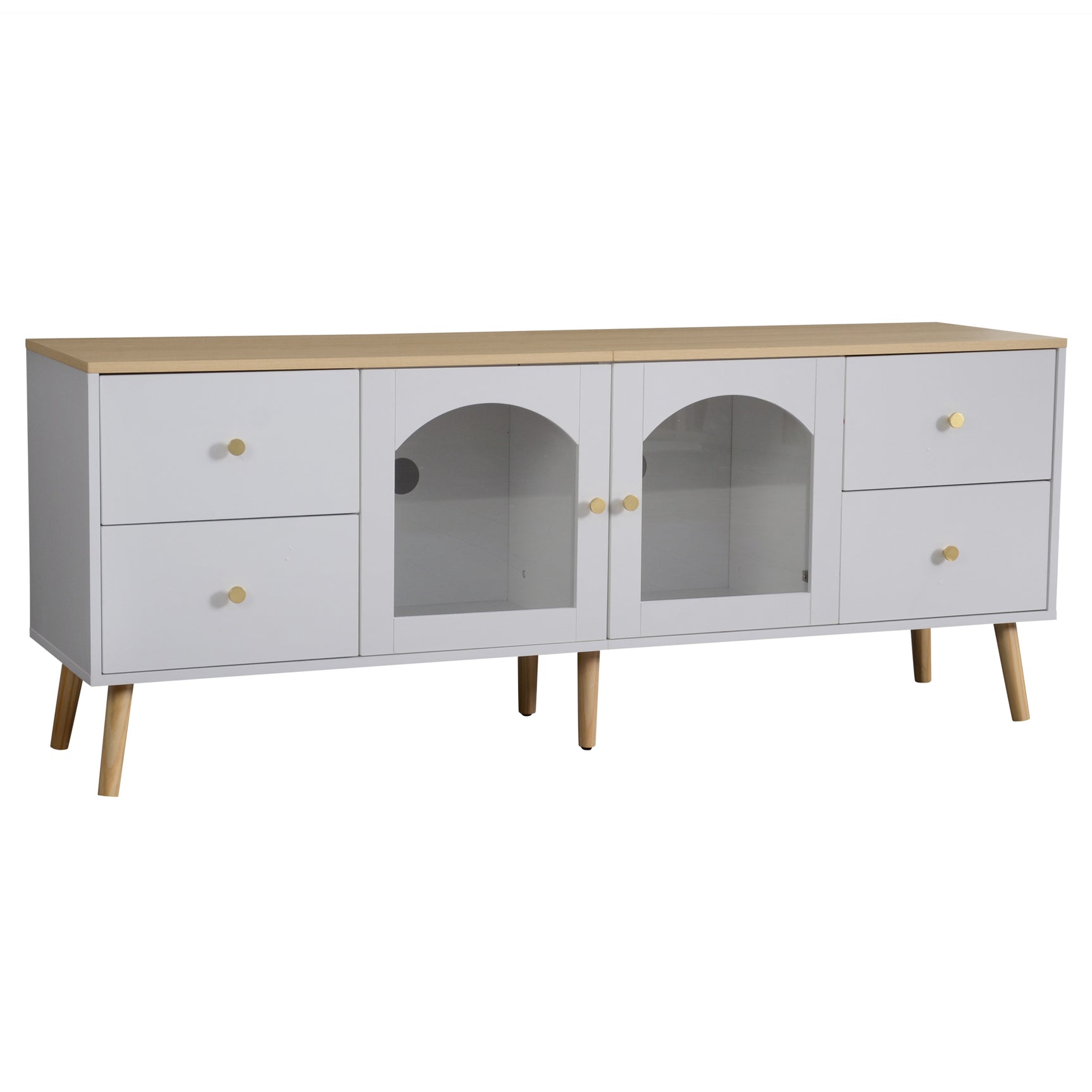 TV cabinet with 4 drawers and 2 glass doors in tempered glass, modern white design and natural wood