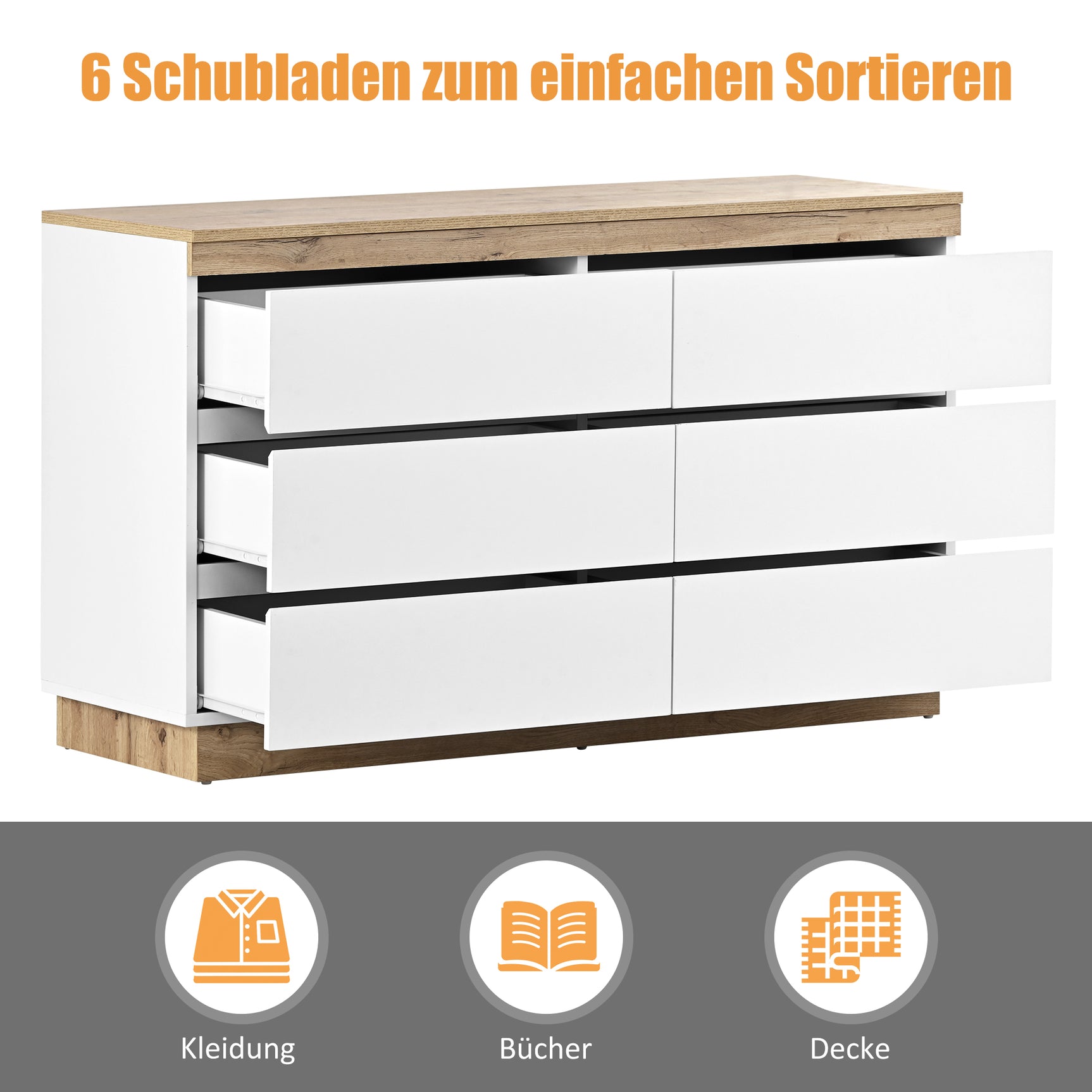 Commode blanche et chêne en panneau de particules E1 avec 6 tiroirs spacieux