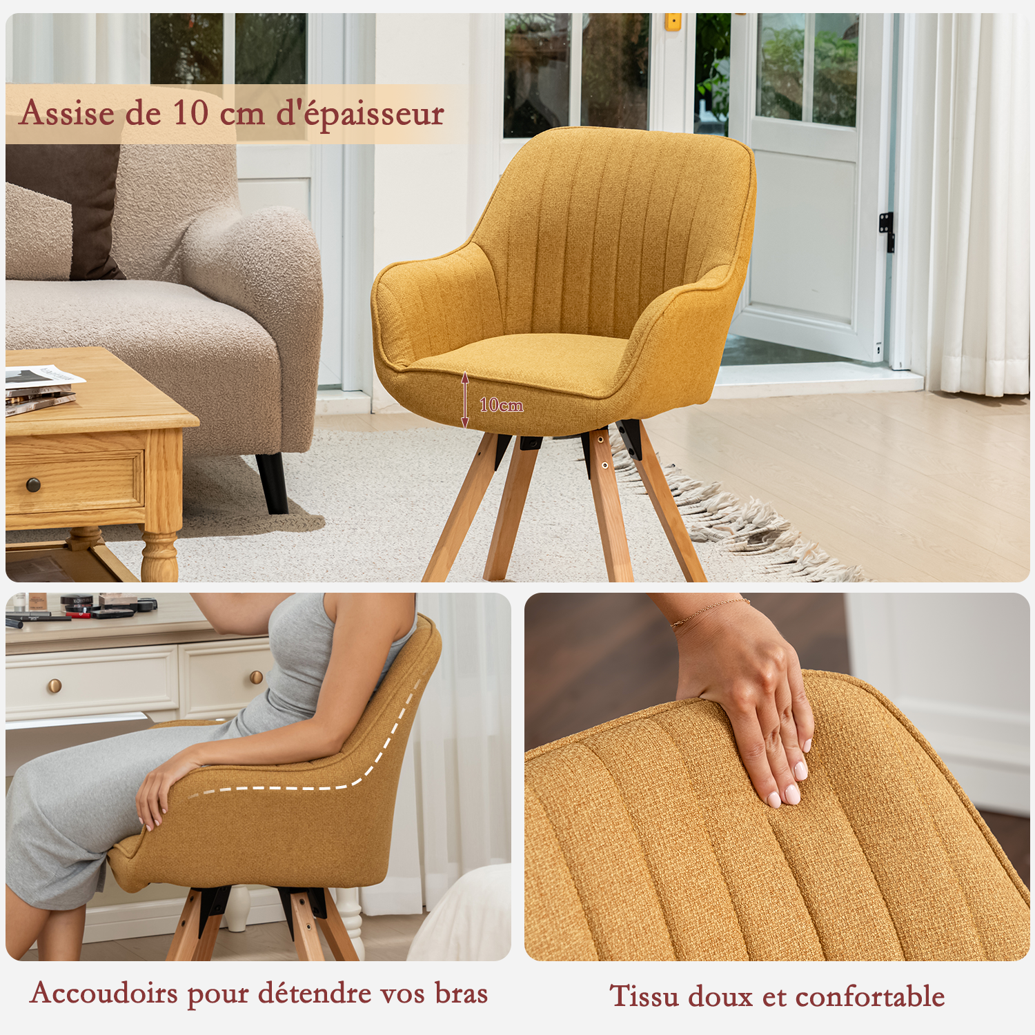 Comfortable dining room chair in yellow fabric with 360° swivel - CARSON FABRIC YELLOW