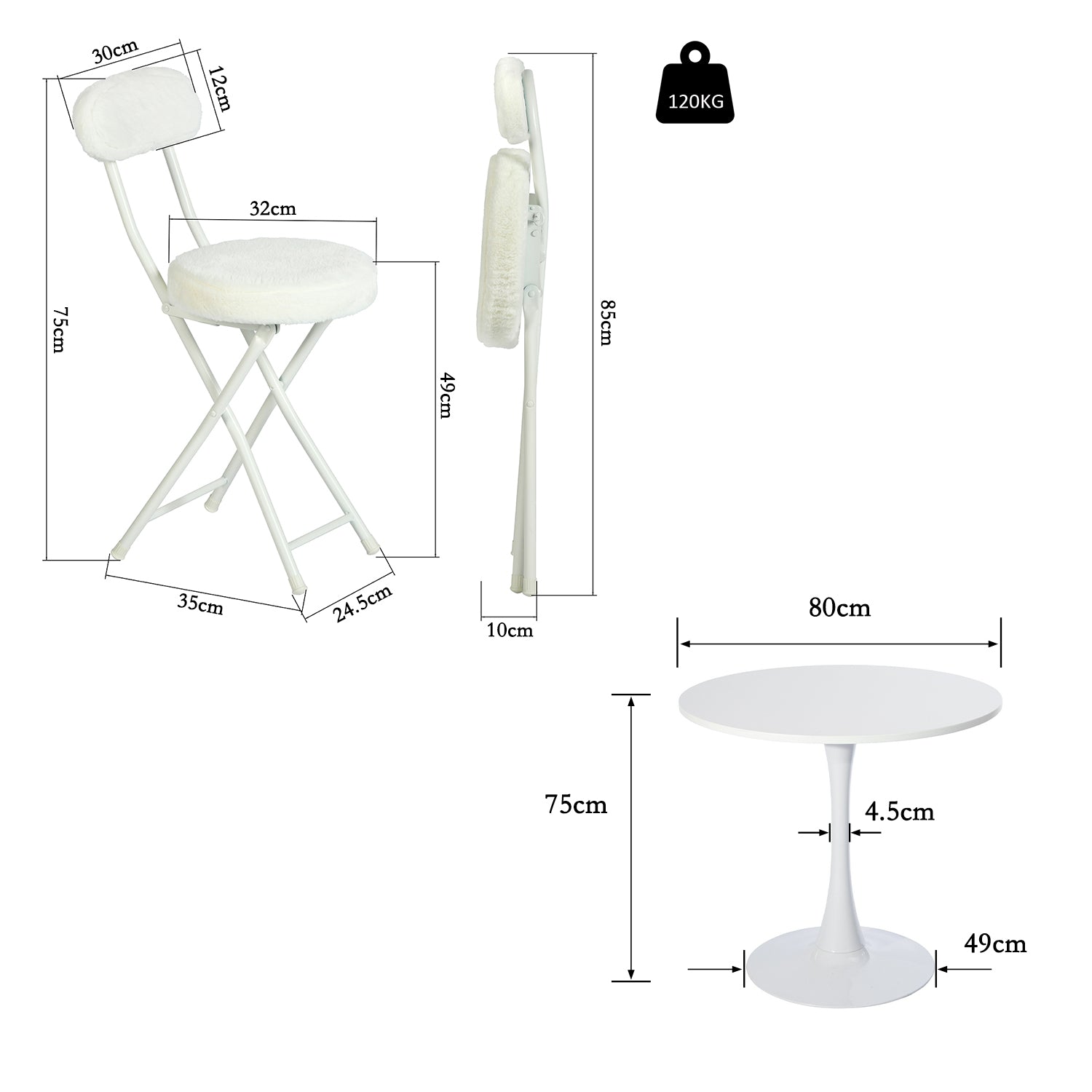 Ensemble de salle à manger de style scandinave comprenant une table ronde blanche et quatre chaises pliantes blanches