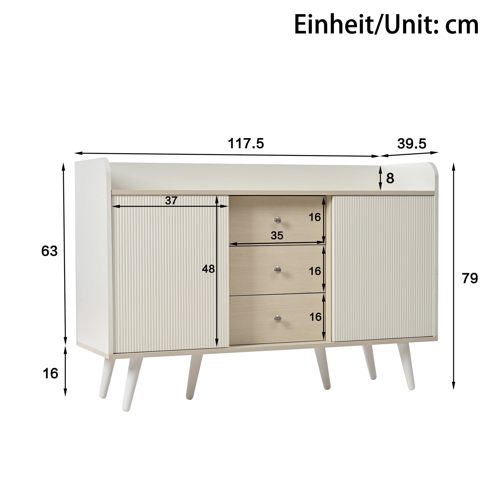 Buffet moderne blanc et bois avec 3 tiroirs et portes coulissantes à lattes