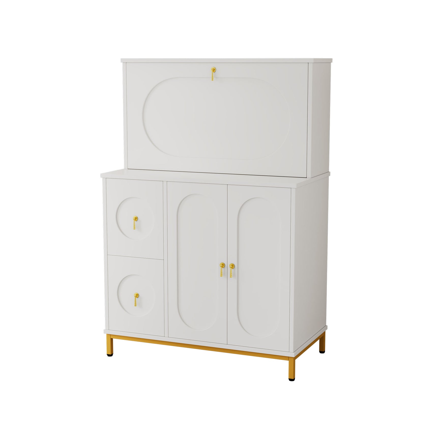 Multifunctional secretary with folding worktop and large storage spaces in white