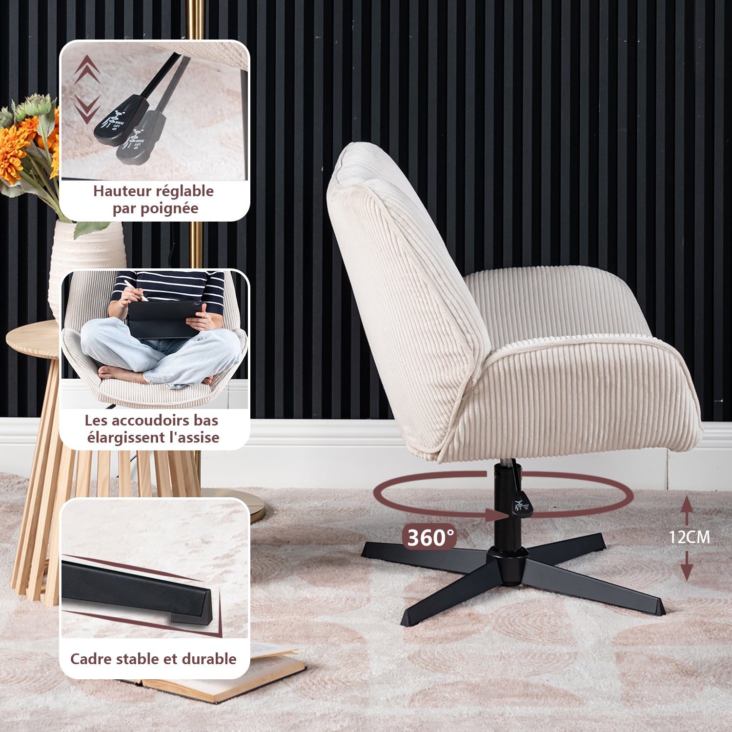Pivotable adjustable leisure chair with beige velvet armrests - Durothil