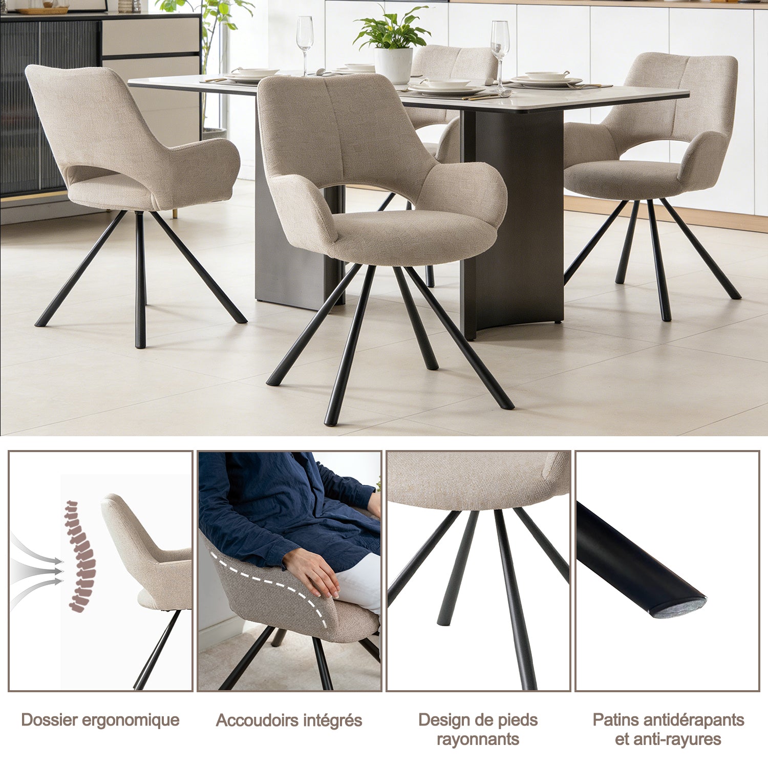 Ensemble de salle à manger de style scandinave comprenant une table ronde en chêne et 2 fauteuils beige