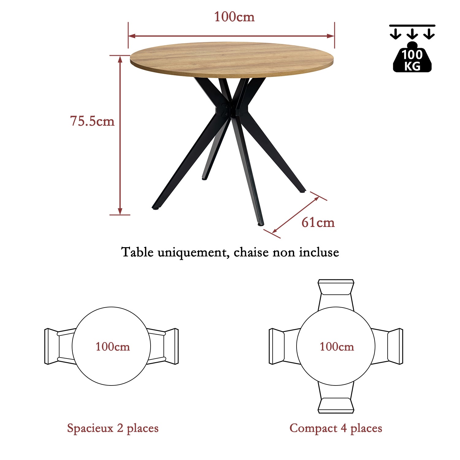 Ensemble table à manger ronde en chêne avec pieds en forme de X et 2 fauteuils en tissu beige de style scandinave pour salle à manger