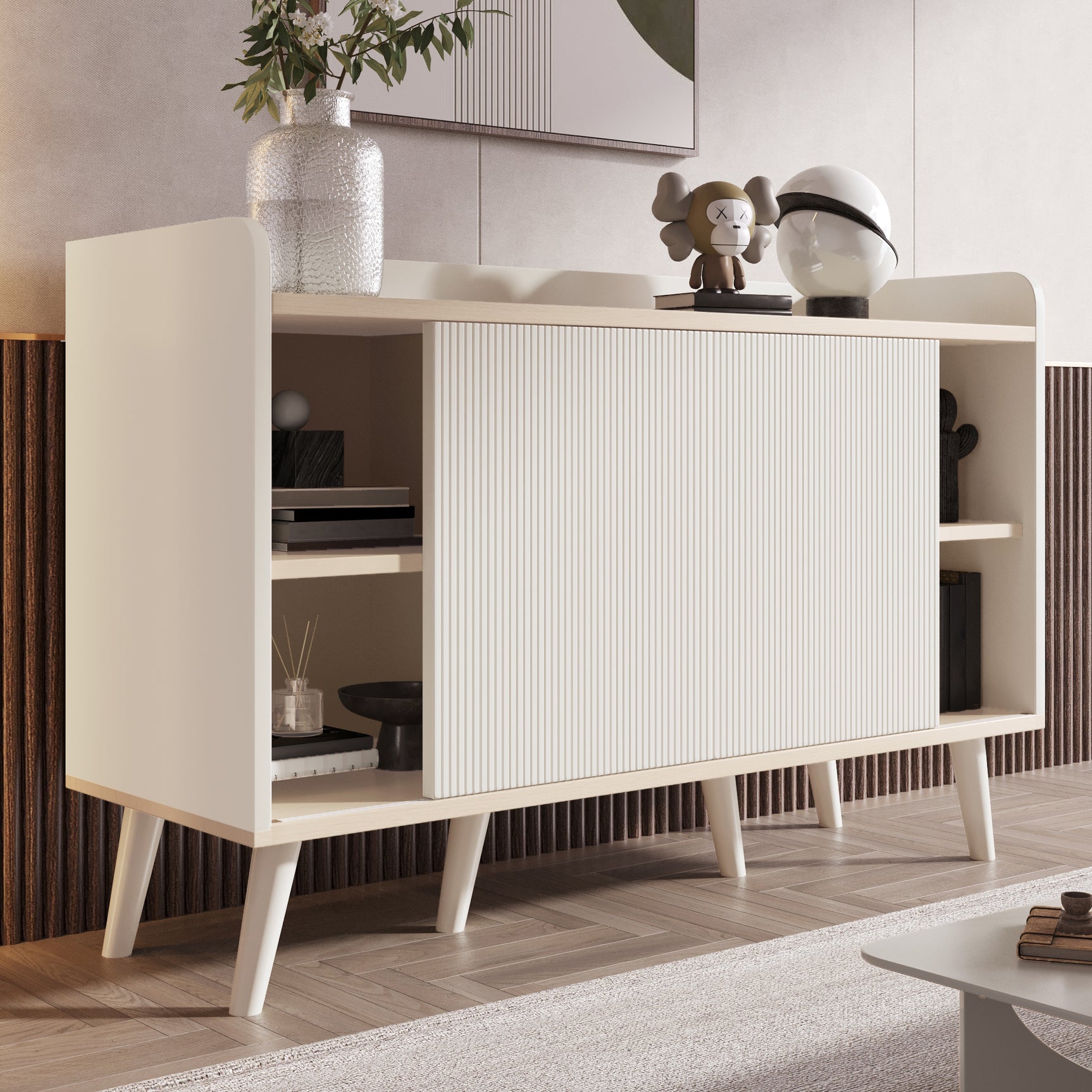 Buffet moderne blanc et bois avec 3 tiroirs et portes coulissantes à lattes