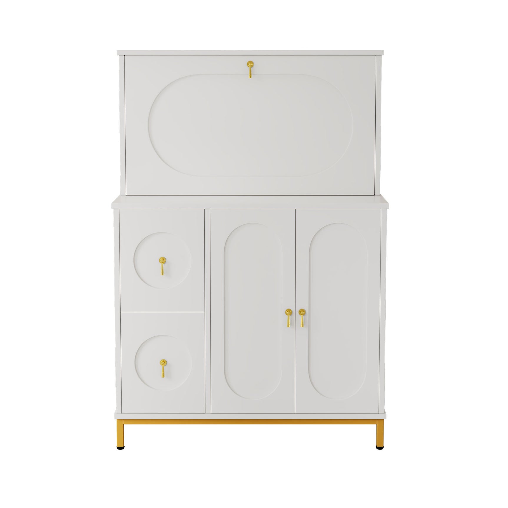 Multifunctional secretary with folding worktop and large storage spaces in white