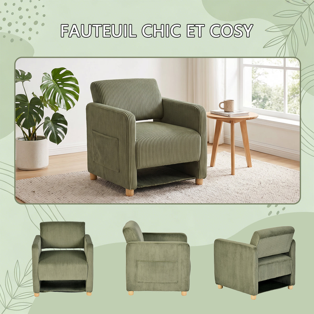 Loungesessel mit Armlehnen aus beigem Cord – DOMCO