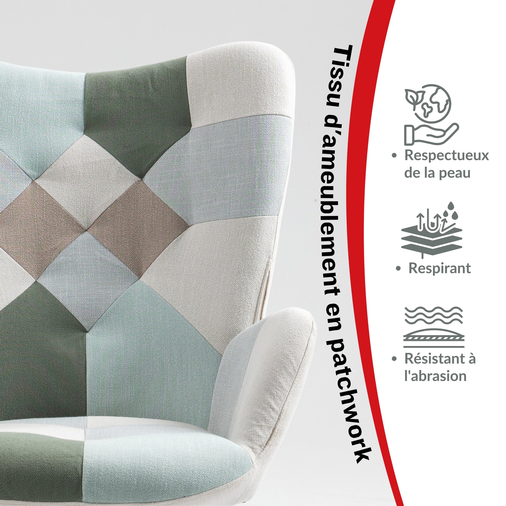 Skandinavischer Sessel mit Armlehnen im Aqua Patchwork -Stoff mit Nähten - Funkel
