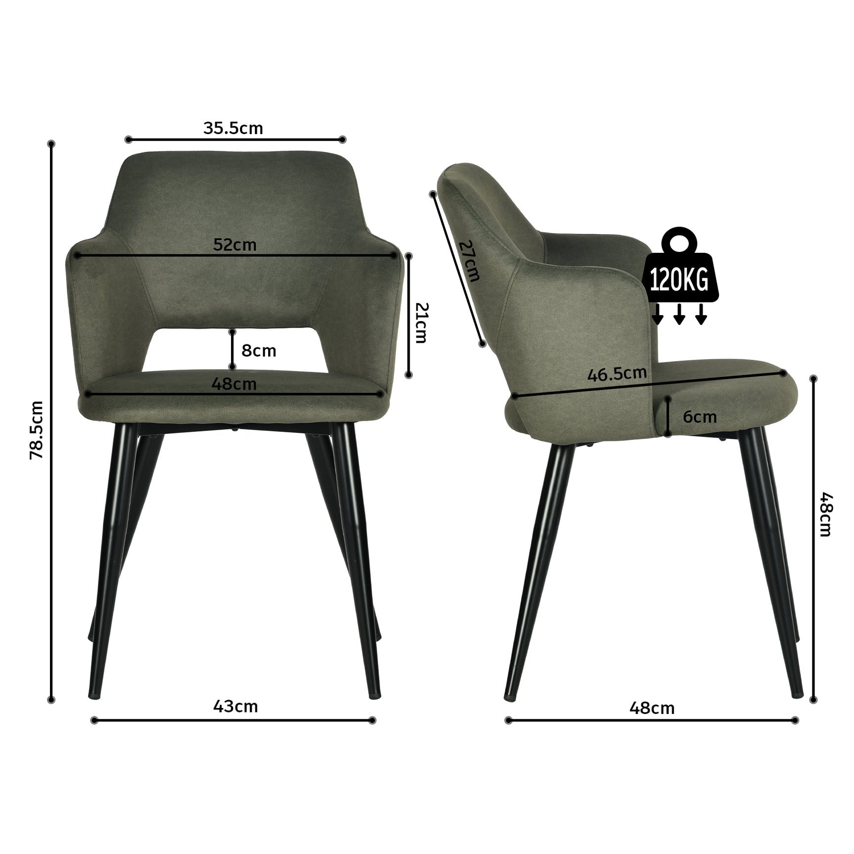 Lot de 2 chaises de salle à manger scandinaves avec accoudoirs en tissu résistant aux animaux et assise rembourrée, vert - AKANJI CC