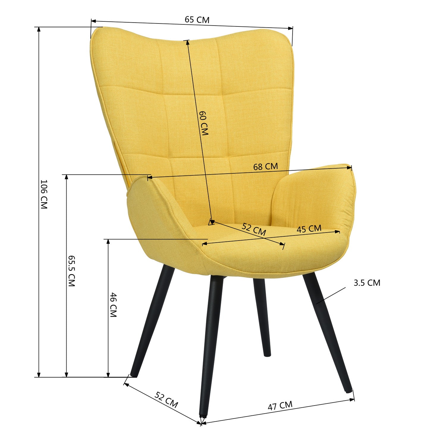 Scandinavian armchair with armrests in yellow fabric with stitching - bogdan