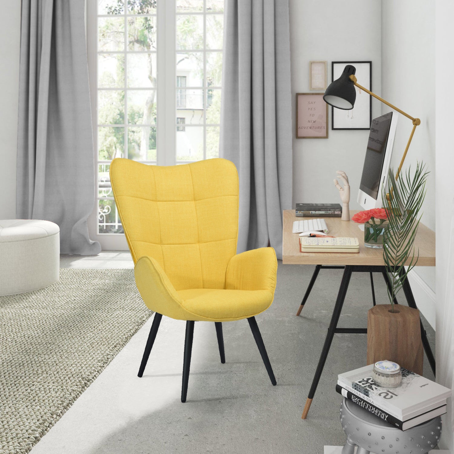 Scandinavian armchair with armrests in yellow fabric with stitching - bogdan