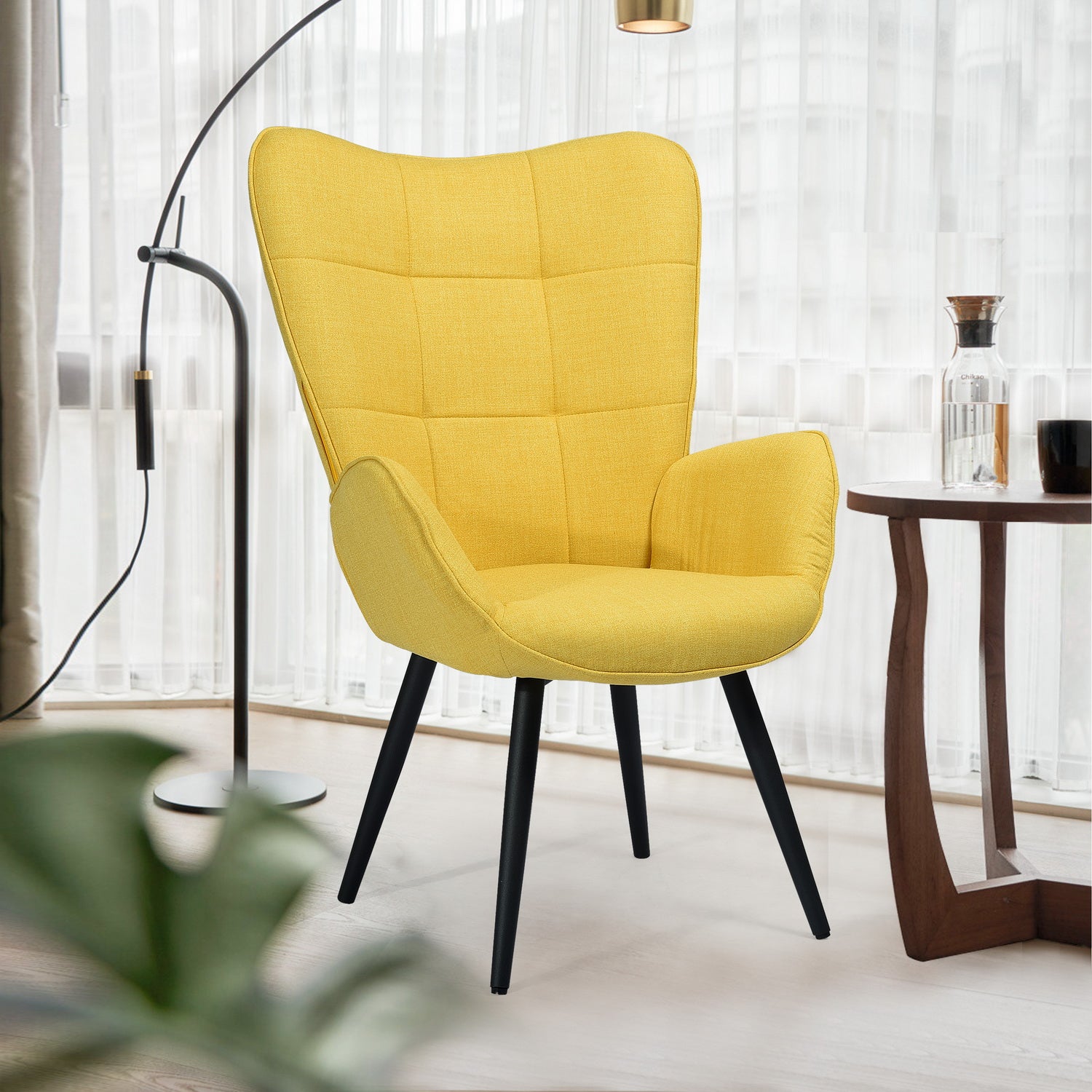 Scandinavian armchair with armrests in yellow fabric with stitching - bogdan