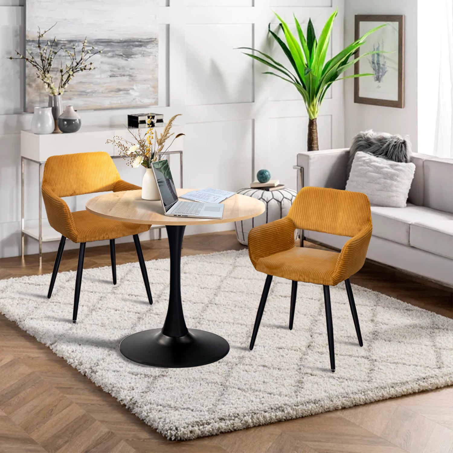 Lot de 4 fauteuils de salle à manger scandinaves avec accoudoirs en velours côtelé jaune safran - CROMWELL CORDUROY