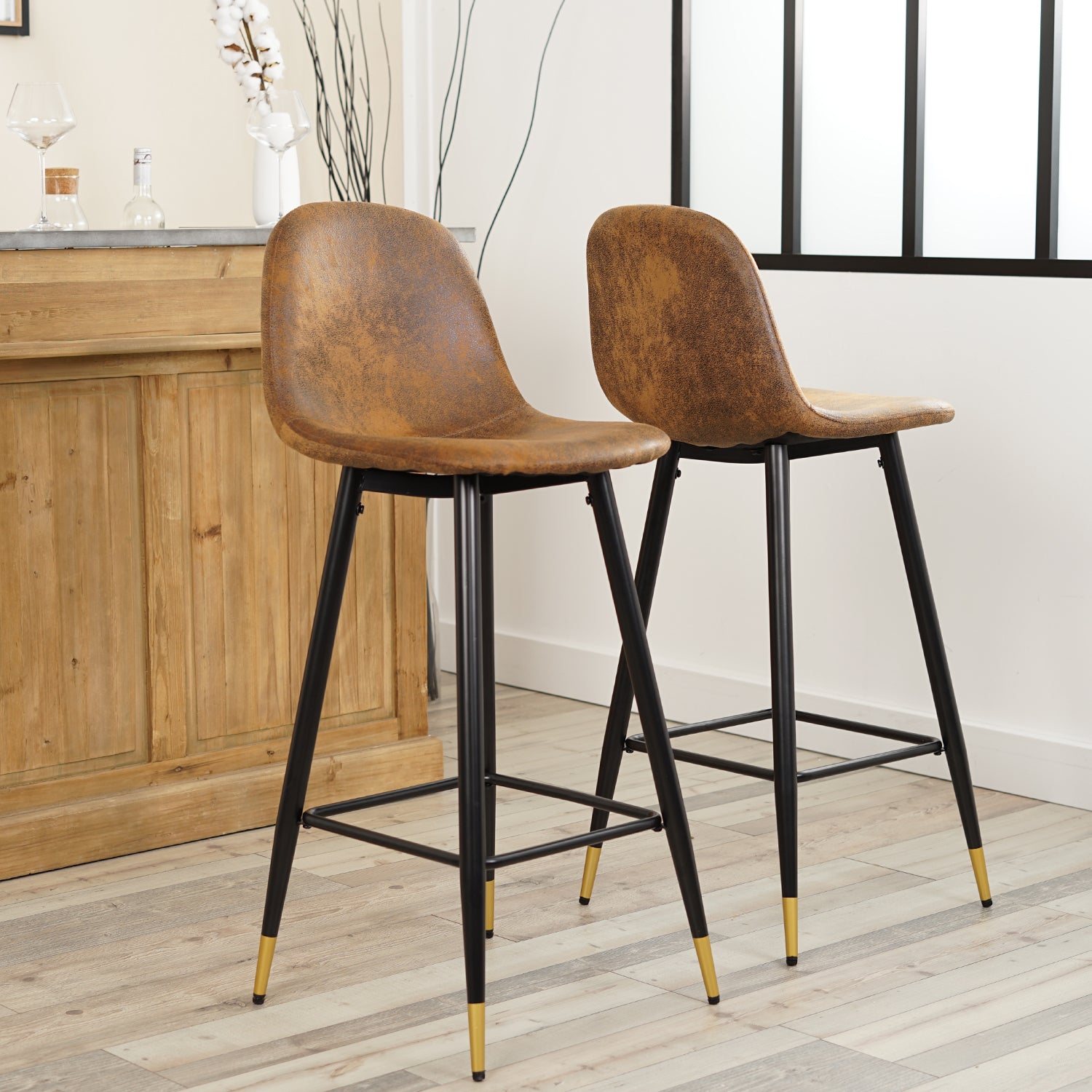 Lot de 4 tabourets de bar industriels avec dossier en suédine - CHARLTON BAR