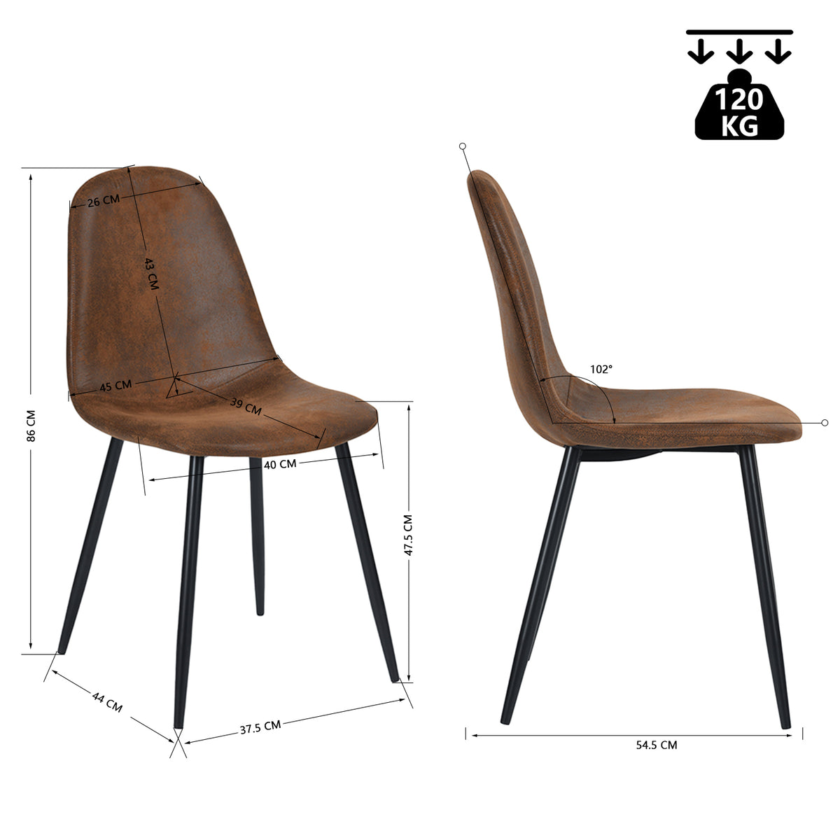Ensemble de salle à manger de style scandinave comprenant une table extensible noire et 4 chaises en suédine marron
