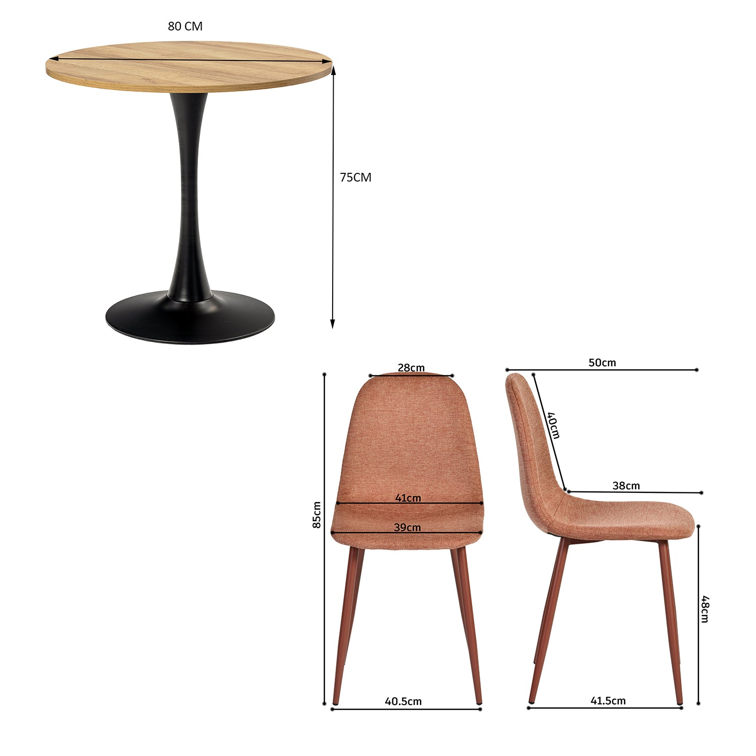 Ensemble de salle à manger de style scandinave comprenant une table ronde en chêne et 4 chaises terracotta