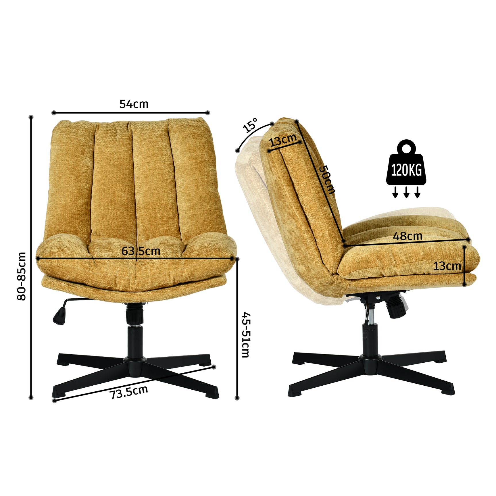 Fauteuil de relaxation réglable et pivotant avec accoudoirs et assise épaisse en chenille jaune - CONFOD