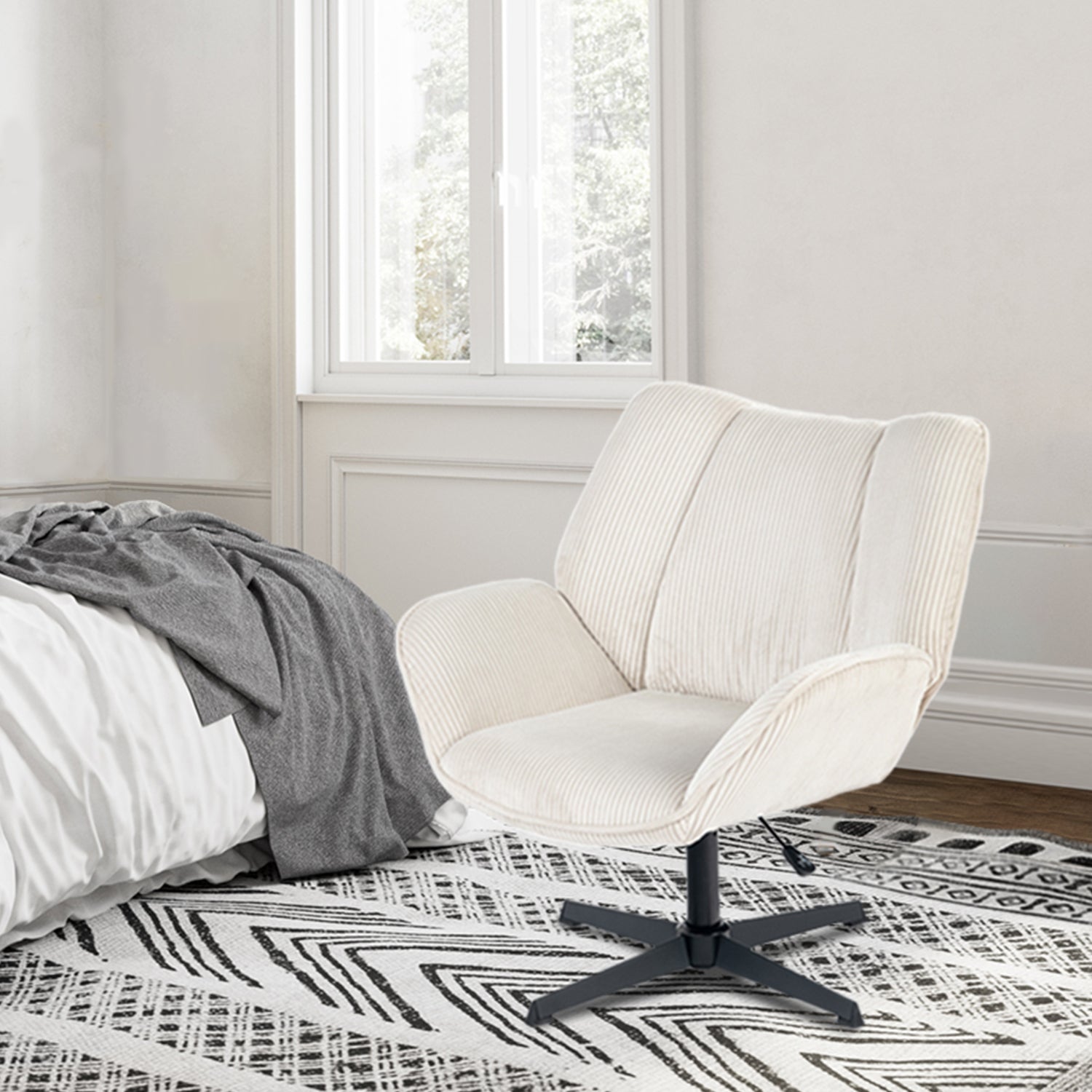 Pivotable adjustable leisure chair with beige velvet armrests - Durothil