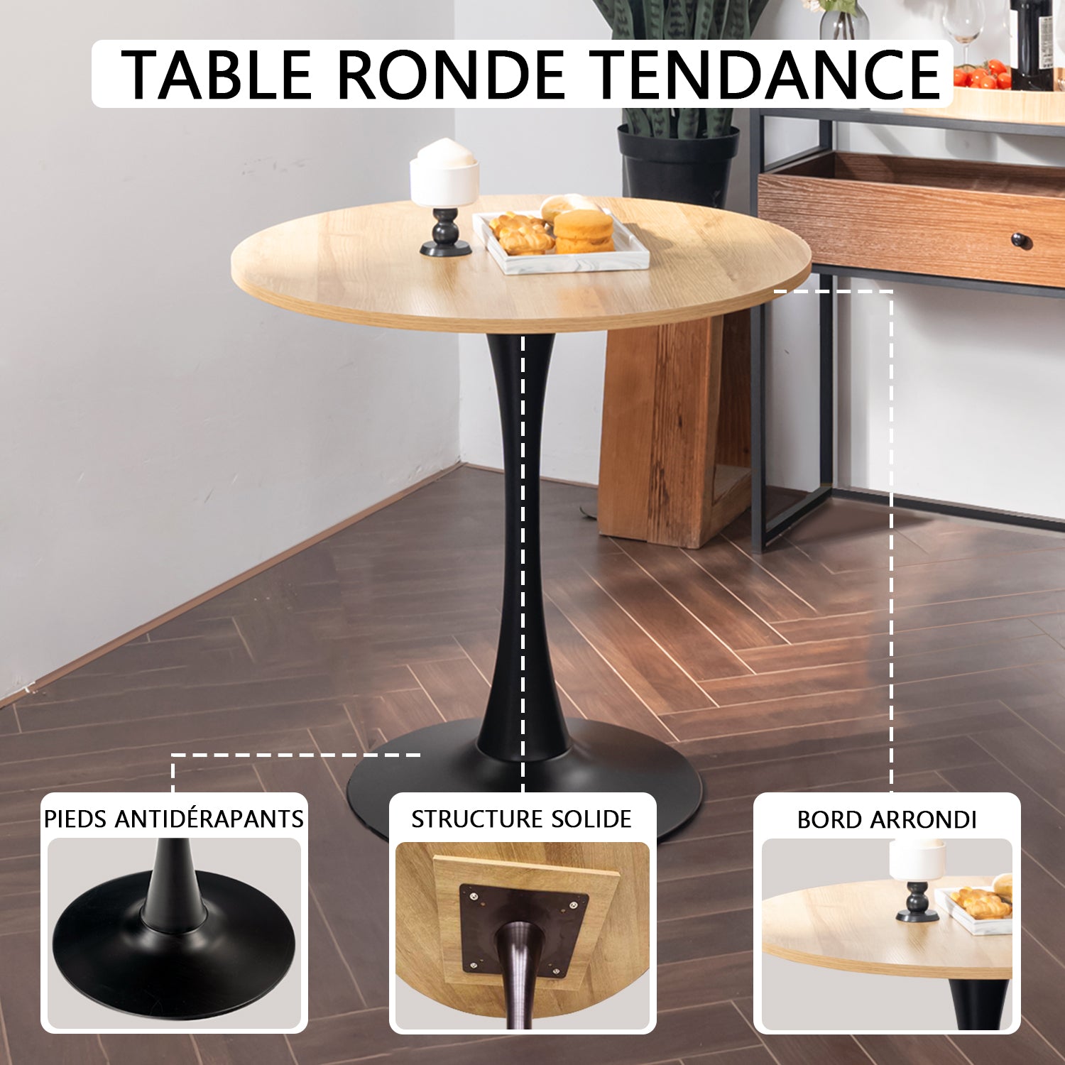 Ensemble de salle à manger composé d'une table ronde en chêne et de deux fauteuils en tissu beige, scandinave pour la salle à manger