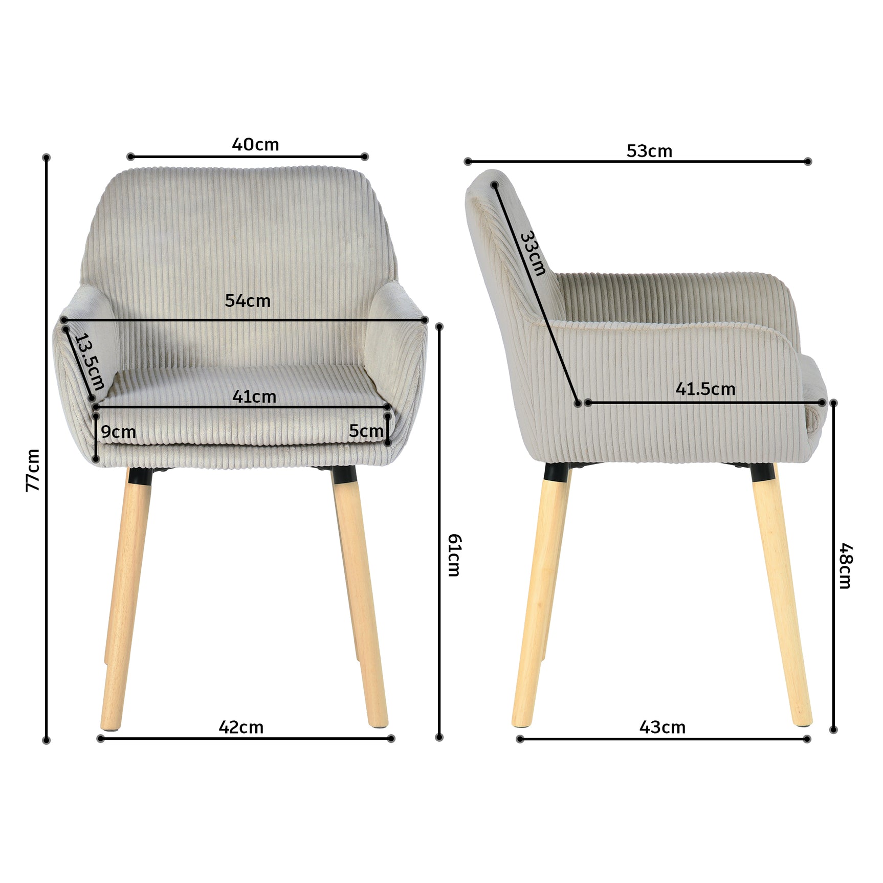 Lot de 6 chaises de salle à manger de style scandinave avec pieds en bois et accoudoirs en velours côtelé gris - ELIA