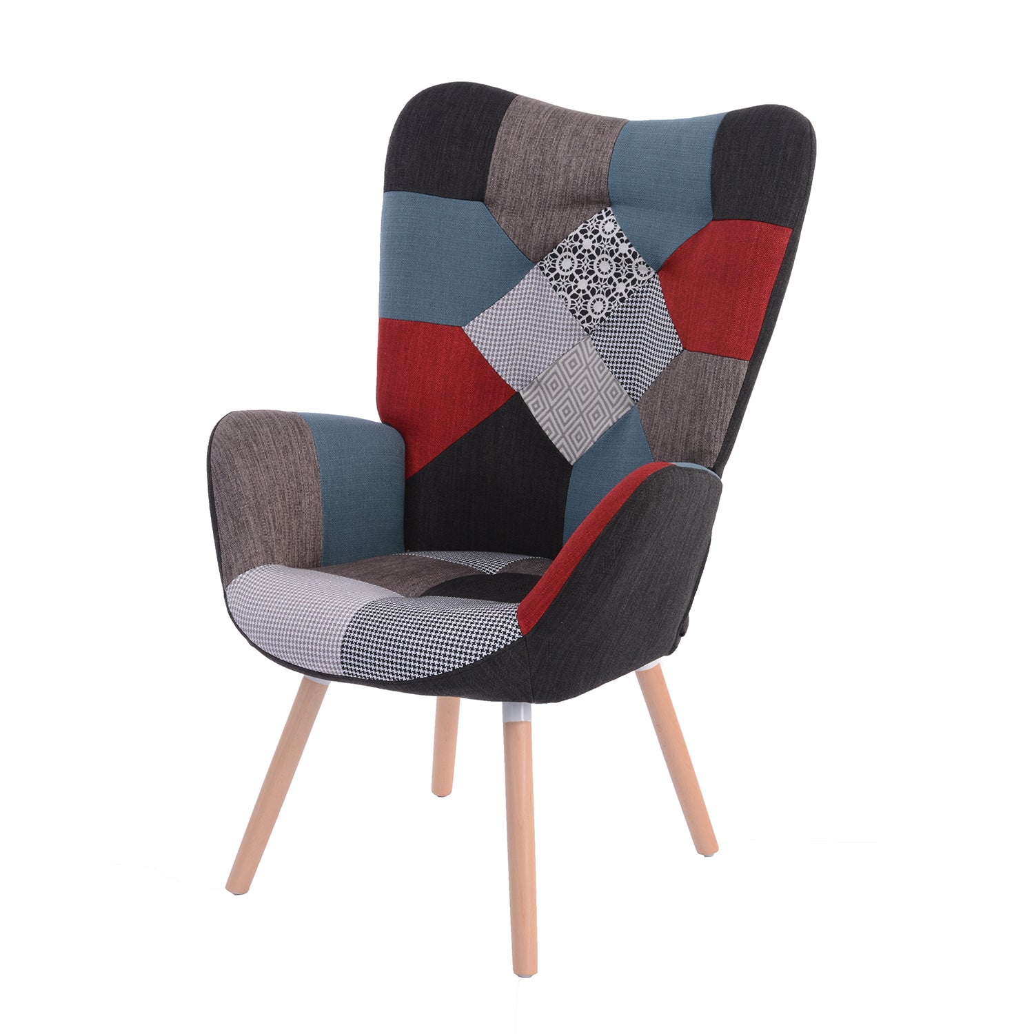 Fauteuil scandinave avec accoudoirs en tissu patchwork à surpiqûres - FUNKEL