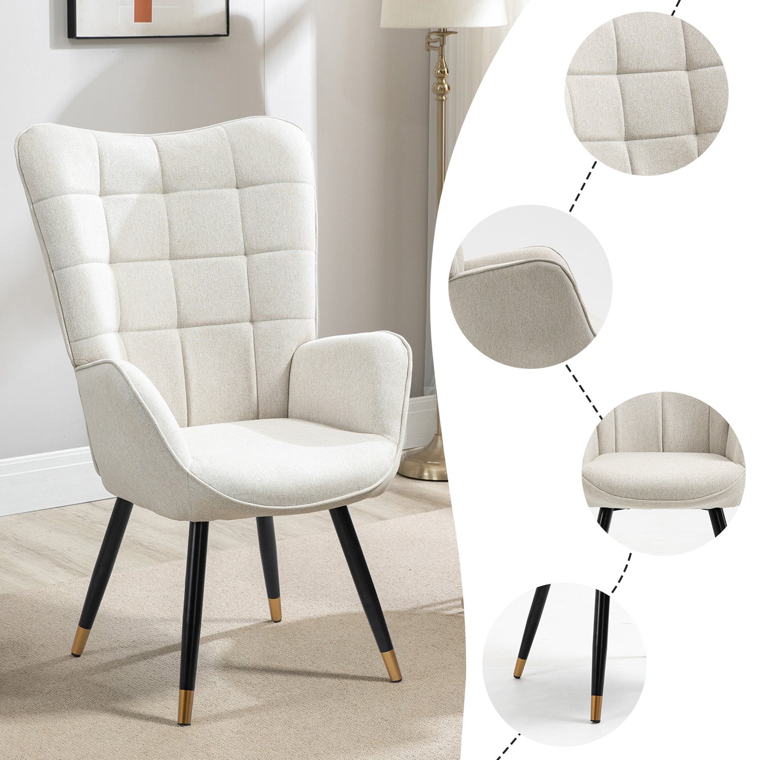 Scandinavian armchair with armrests in beige fabric with stitching - Funkel