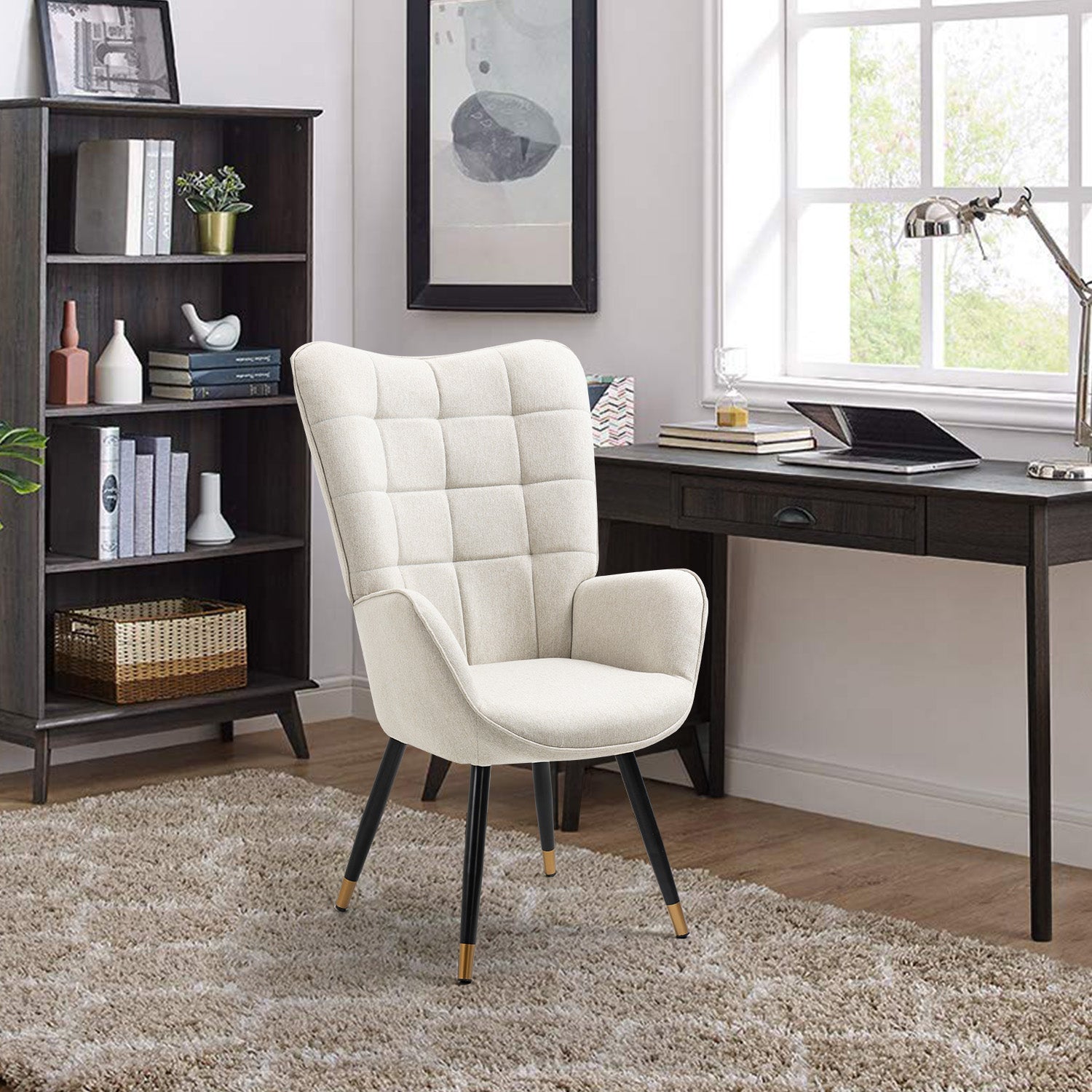 Scandinavian armchair with armrests in beige fabric with stitching - Funkel