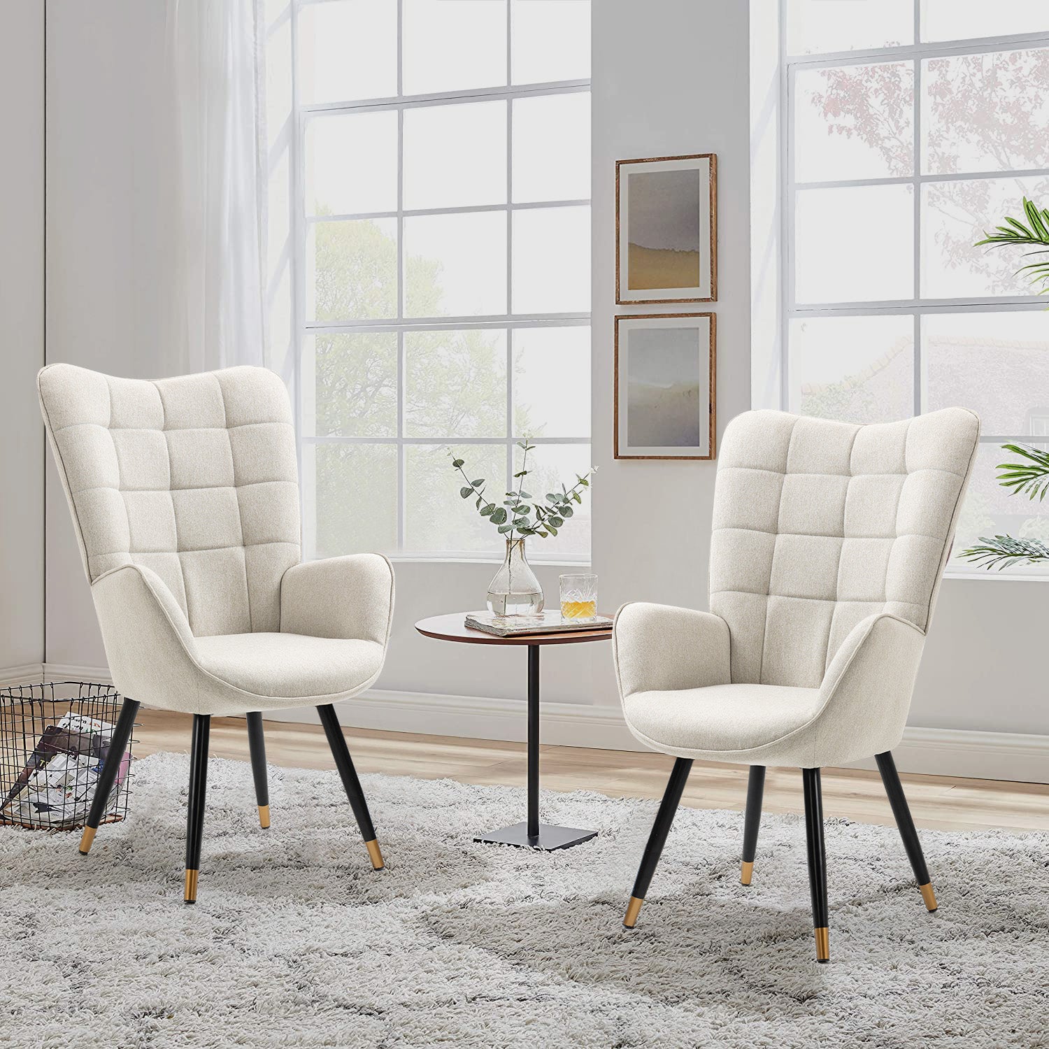 Scandinavian armchair with armrests in beige fabric with stitching - Funkel