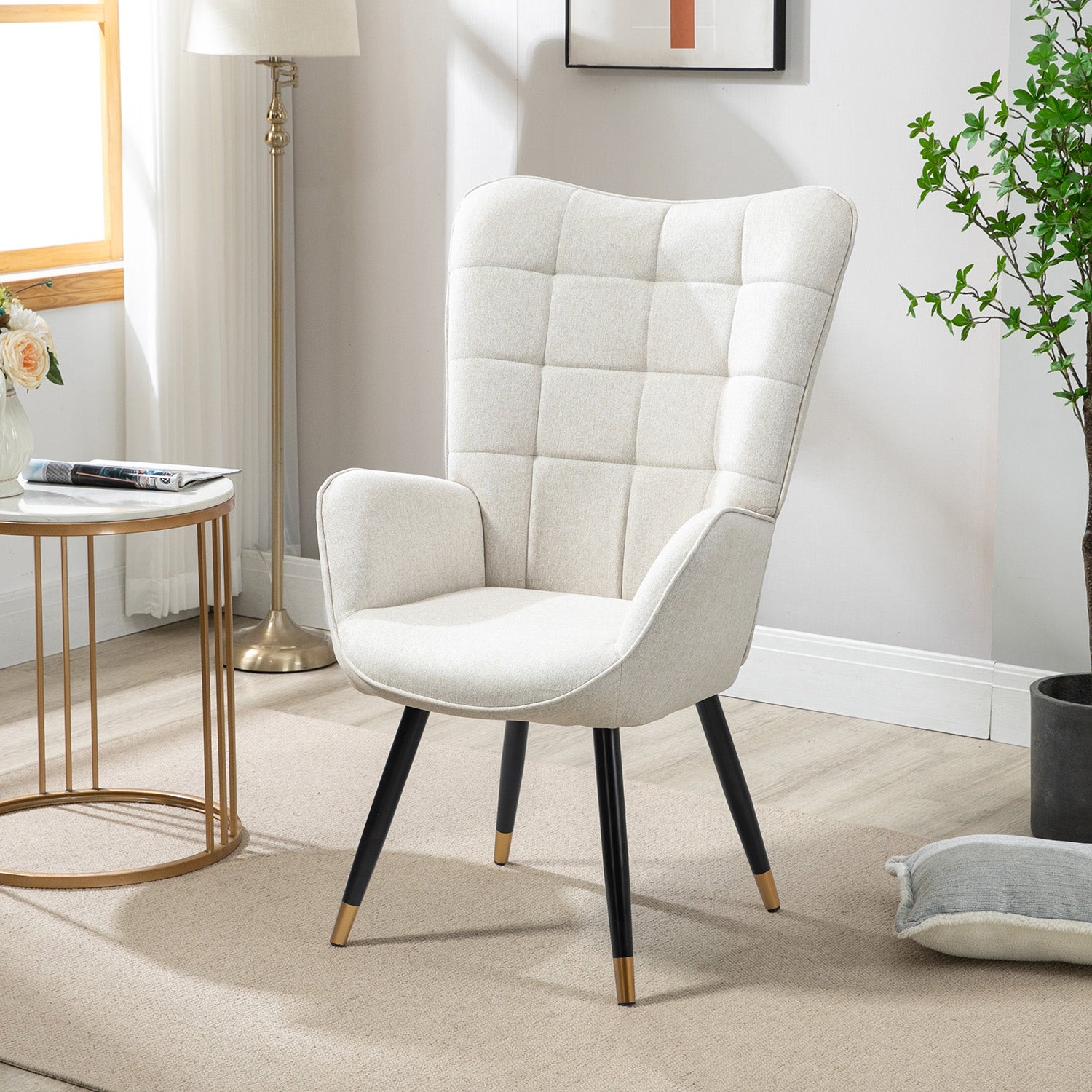 Scandinavian armchair with armrests in beige fabric with stitching - Funkel