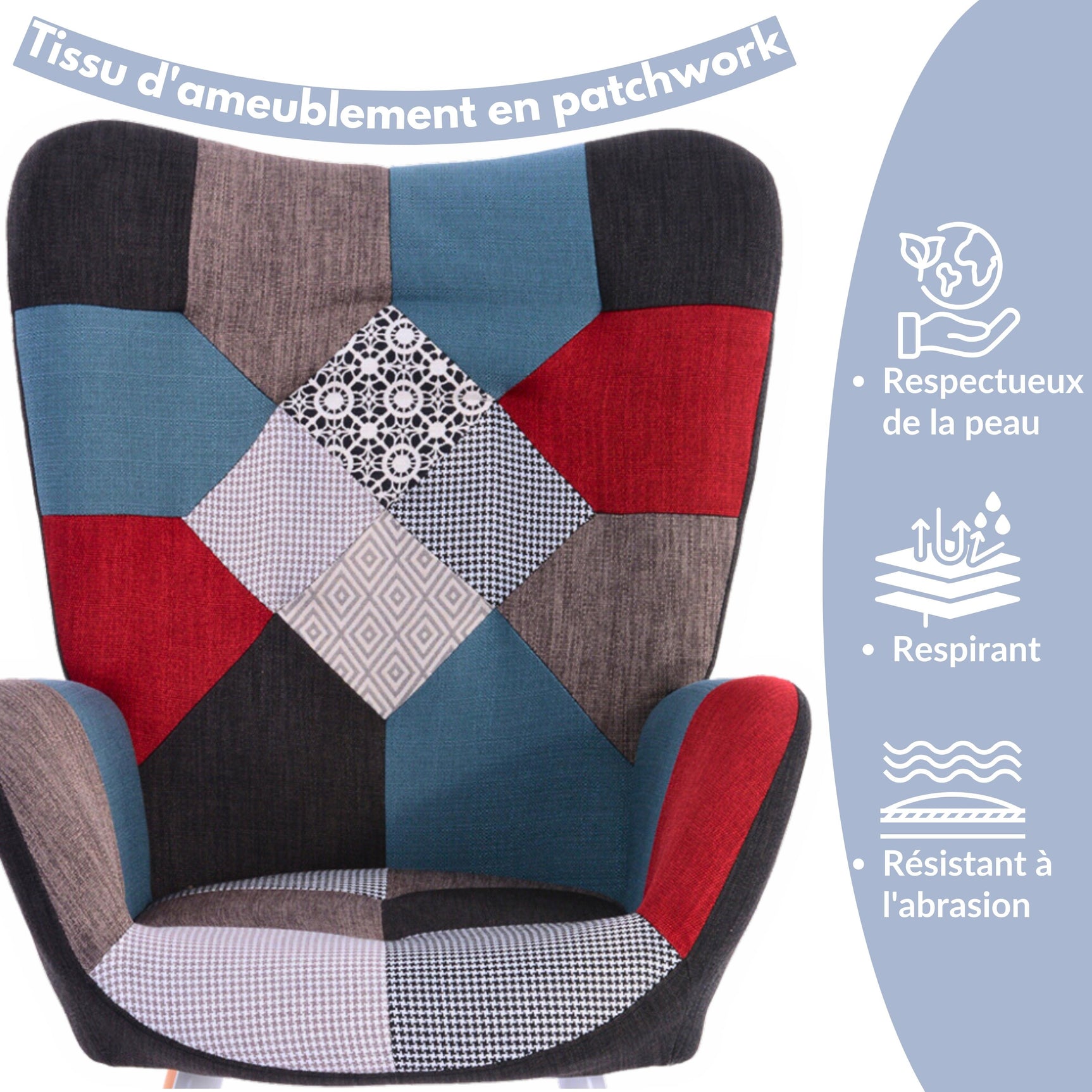 Fauteuil scandinave avec accoudoirs en tissu patchwork à surpiqûres - FUNKEL