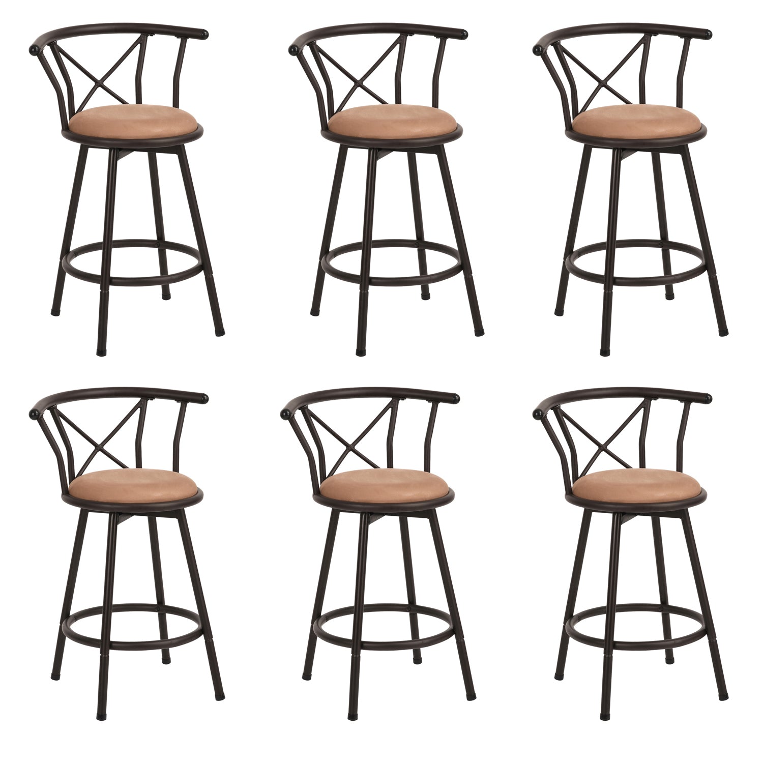Lot de 6 tabourets de bar industriels pivotants avec dossier en tissu marron - HAILEY 24