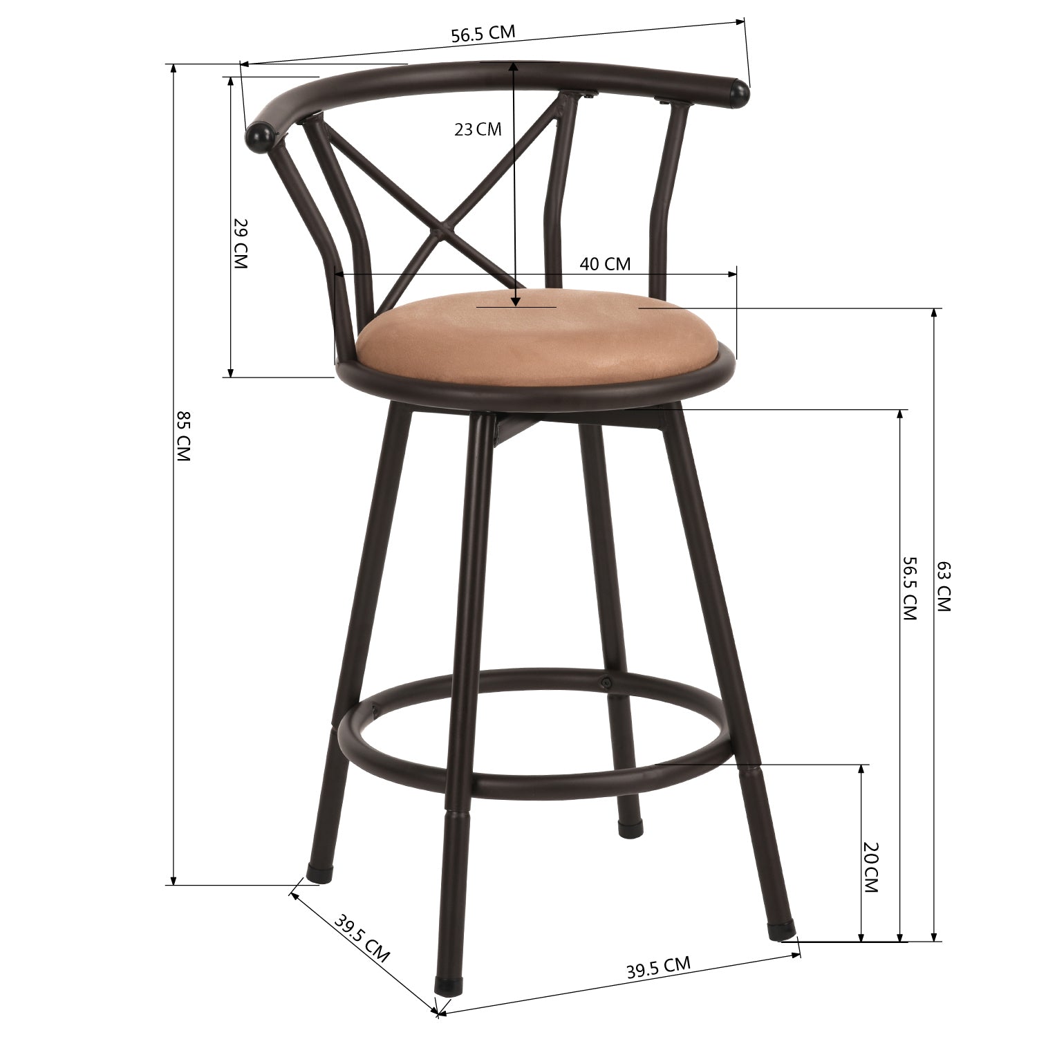 Lot de 2 tabourets de bar industriels pivotants avec dossier en tissu marron - HAILEY 24