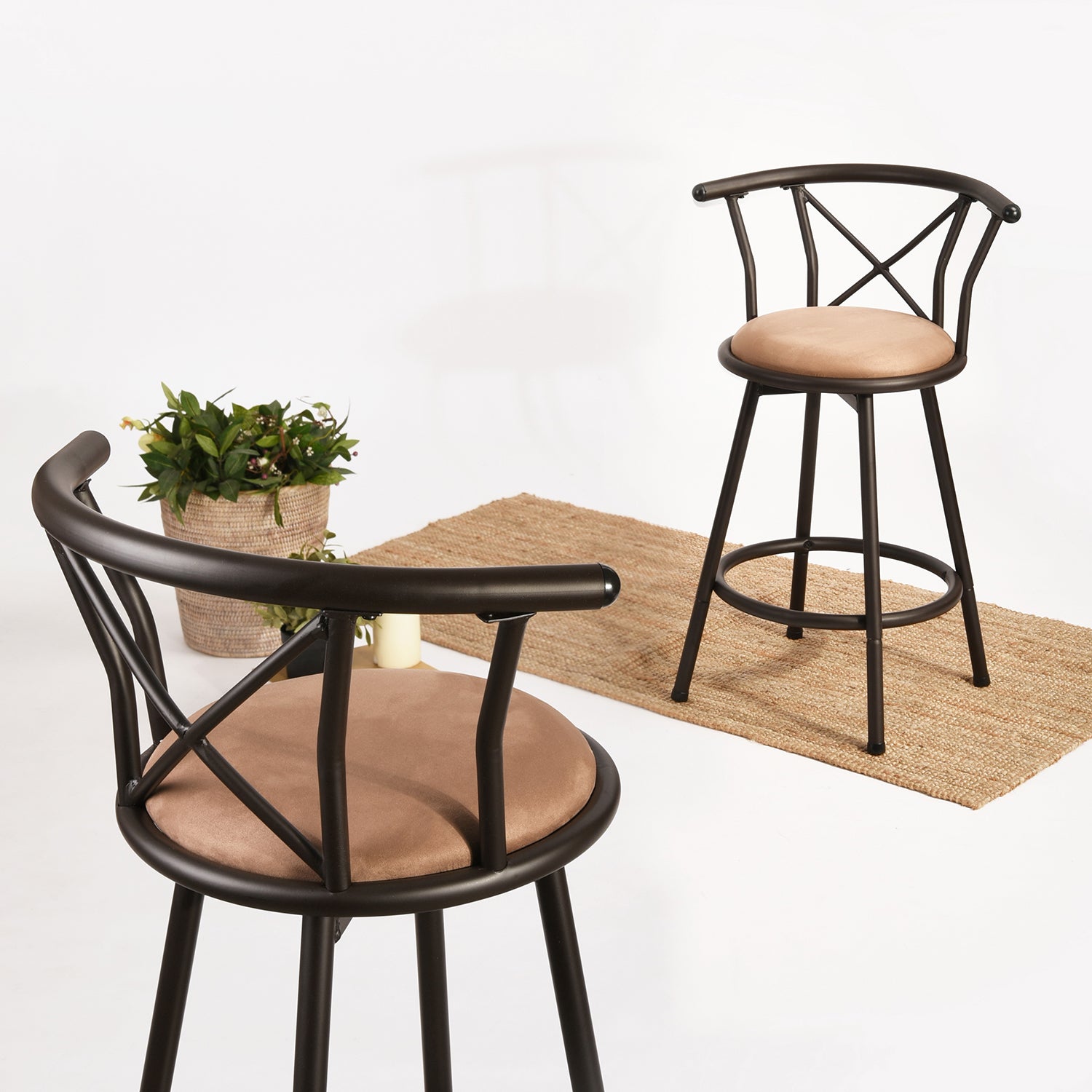 Lot de 4 tabourets de bar industriels pivotants avec dossier en tissu marron - HAILEY 24