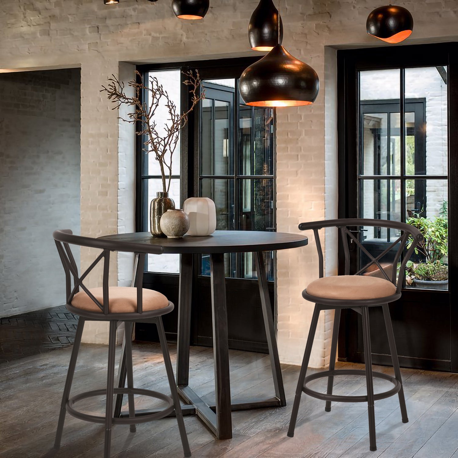 Lot de 6 tabourets de bar industriels pivotants avec dossier en tissu marron - HAILEY 24