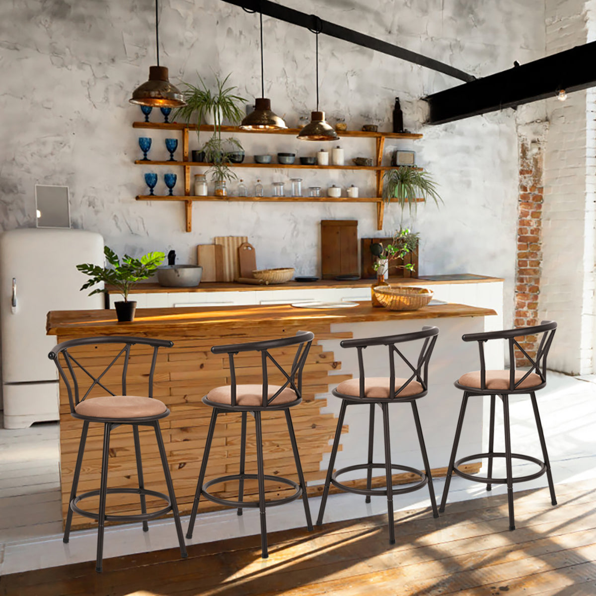 Lot de 6 tabourets de bar industriels pivotants avec dossier en tissu marron - HAILEY 24